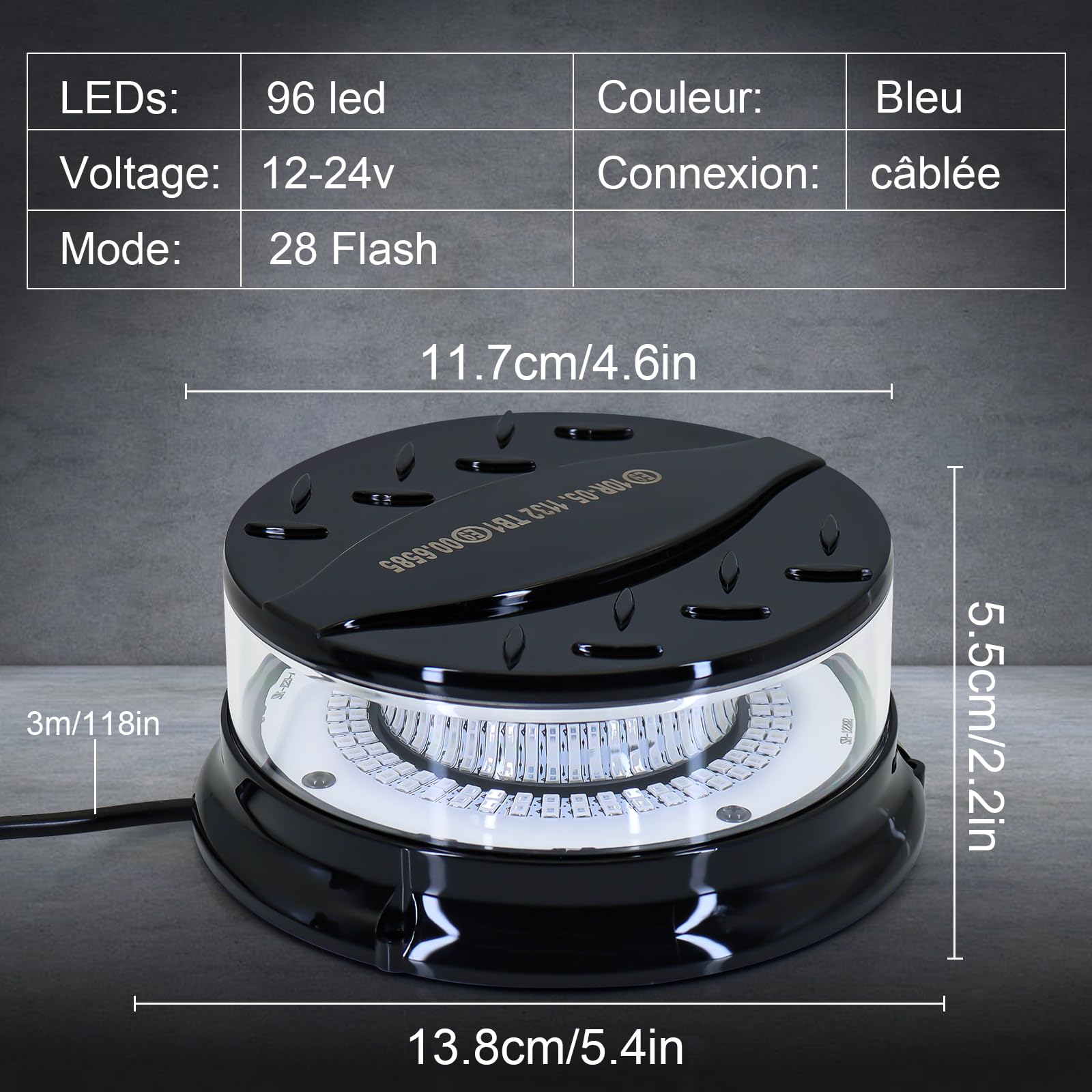 Dinfu gyrophare bleu 12V girophare led vehicule 28 modèles de flash avec base magnétique clignotant avec 3 mètres de câble pour tracteur voiture camion UTV voiture de golf SUV remorque - 5