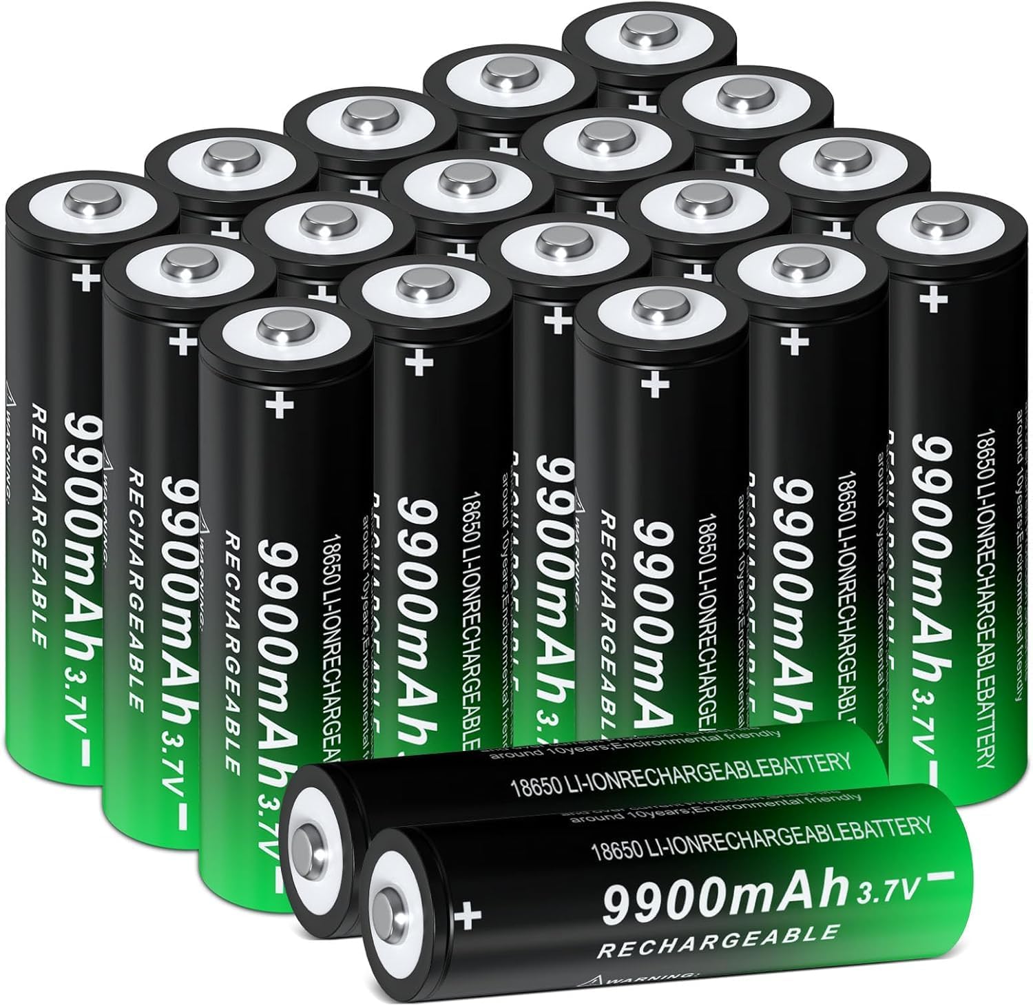 9900mAh Lithium Polymer Ion 18650 Rechargeable Battery 20 Pcs Upgrade Capacity Batteries for Flashlights Headlamps. (Button Top)