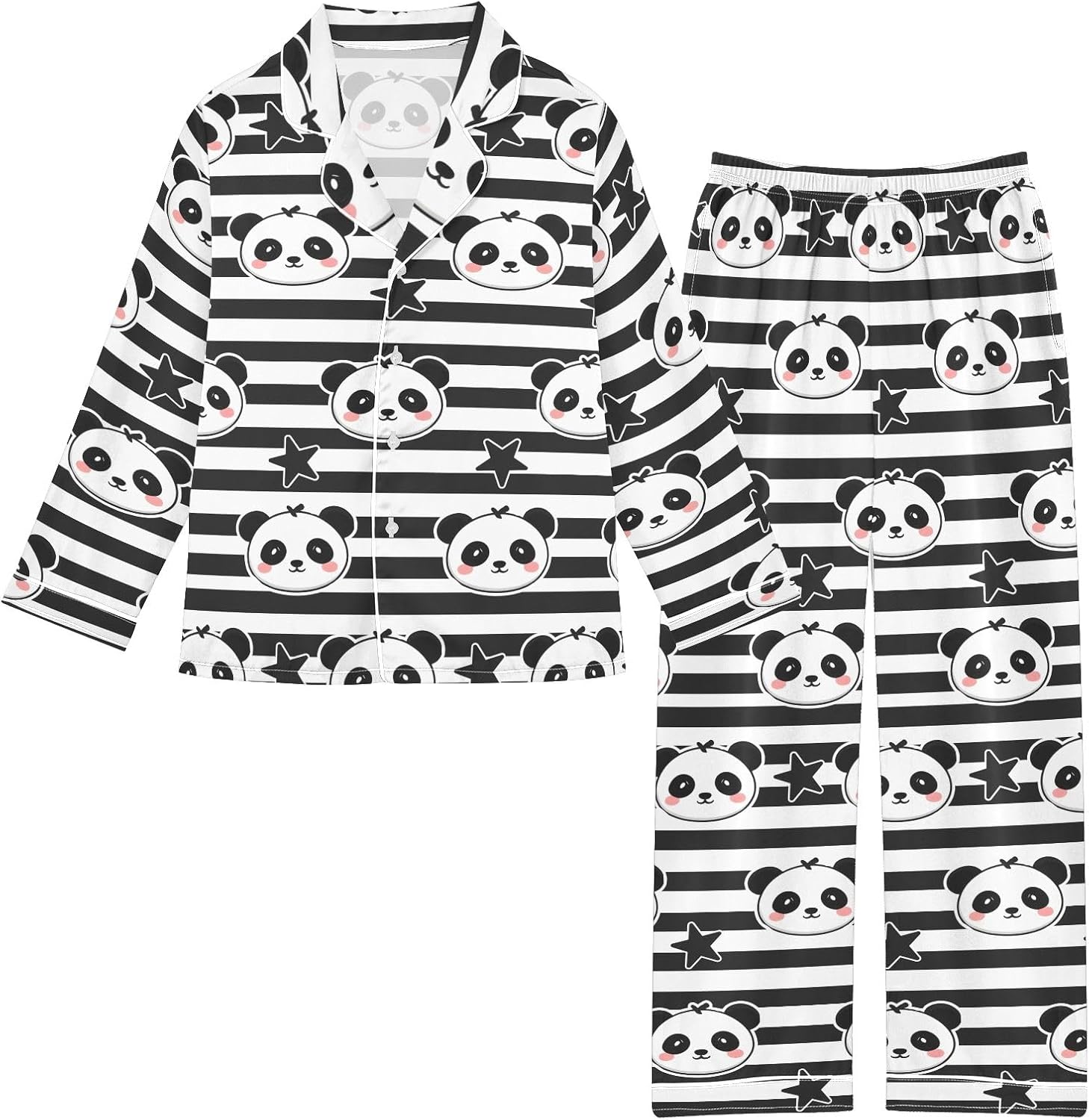Kids Casual Satin Wear Set Striped Panda Unisex Relaxed Fit Clothing