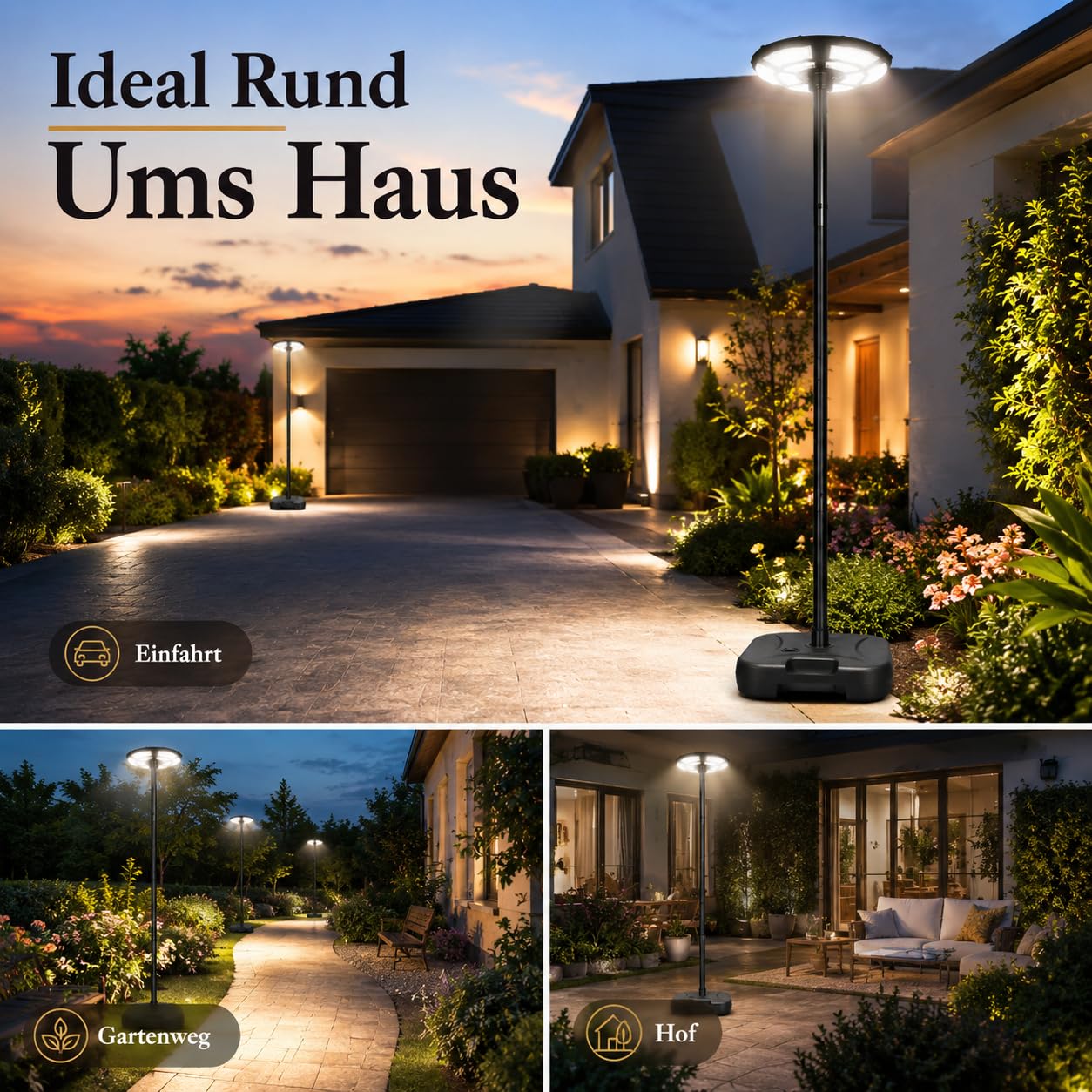 Lampada da strada solare per esterni, 750 SMD2835, 6500 K, IP67, impermeabile, con sensore di movimento, per cortile, garage, parcheggio, con base riempibile d'acqua