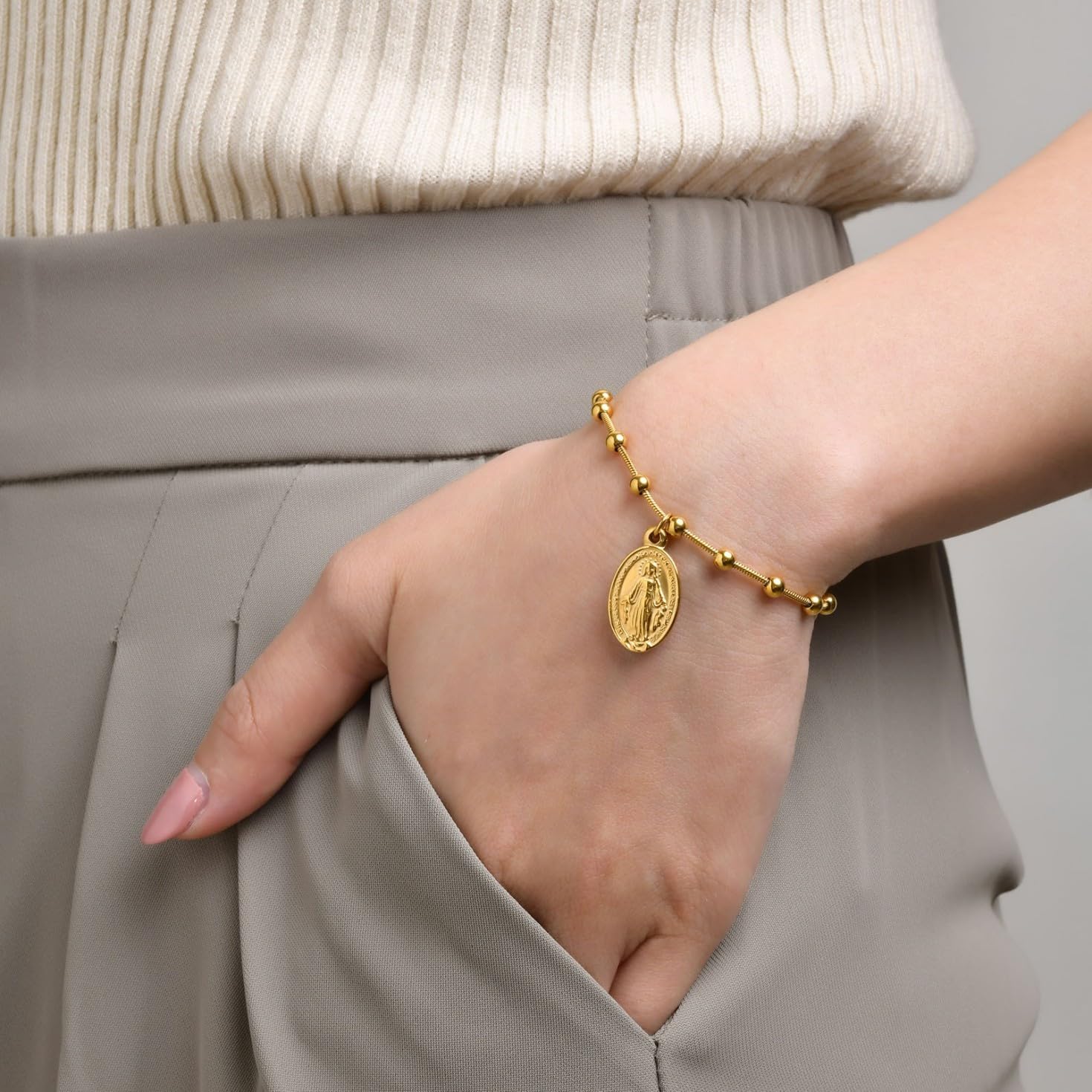 Virgin Mary Bracelet,Dainty14k Gold Plated Rosary Bead Cross Bracelets Religious Baptism Virgen de Guadalupe Bracelets Catholic Jewelry Gifts for Women - Image 3