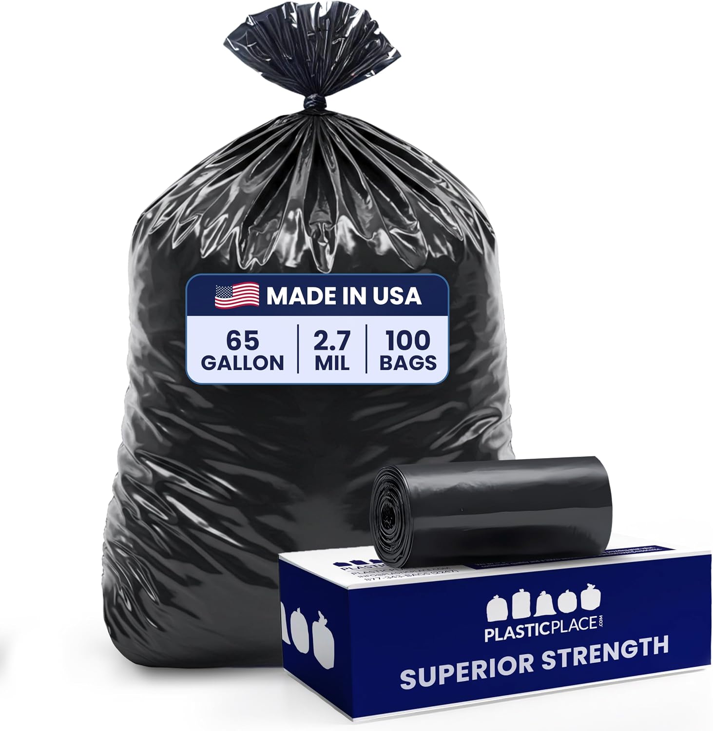 Plasticplace 65 Gallon Trash Bags, 2.7 Mil, Black Heavy Duty Garbage Can Liners,100 Count (Pack of 1)