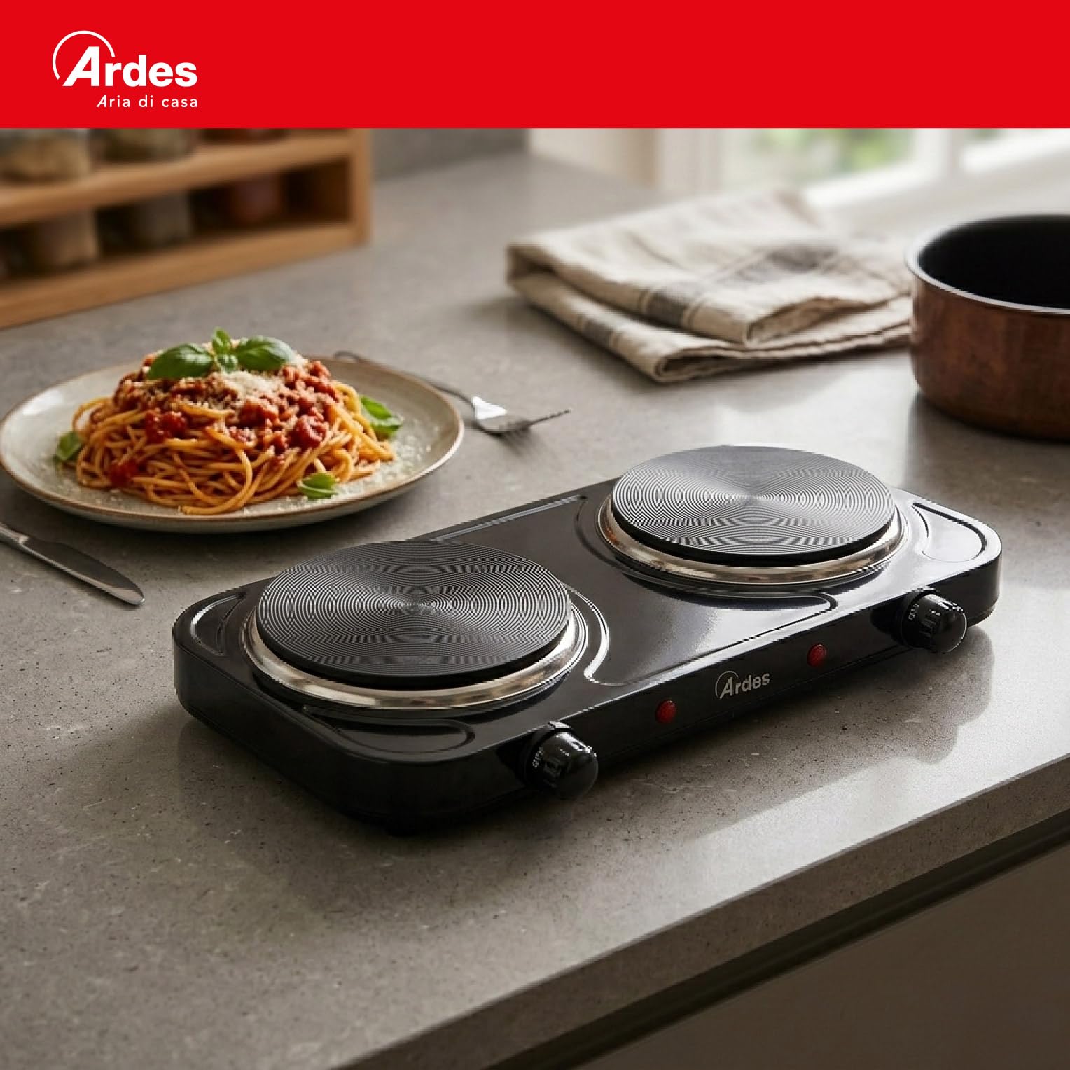 ARDES Hornillo eléctrico para cocinar, de 2500W en acero pintado para Camping y Cocina con 2 Placas de fundición Diámetro 15,5cm y 18 cm y 2 Termostatos Modelo TIKAPPA AR1F21 Negro