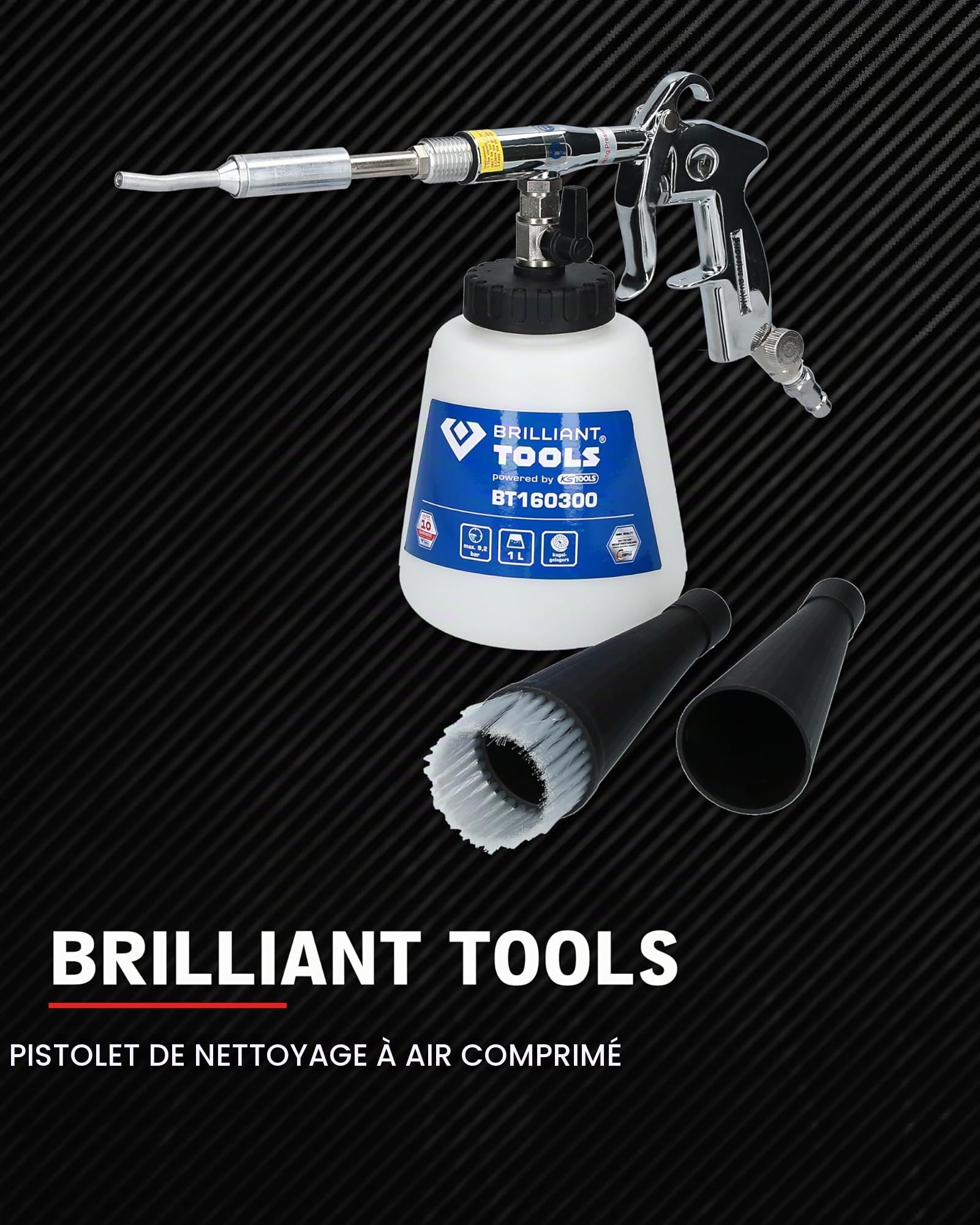 Pistolet Pneumatique De Nettoyage BT160300 - Accessoires Pneumatique pour Nettoyage Véhicule - Buse Rotative - Toutes Surfaces - Manche Ergonomique - Livré avec Raccord Rapide 1/4” - BRILLIANT TOOLS