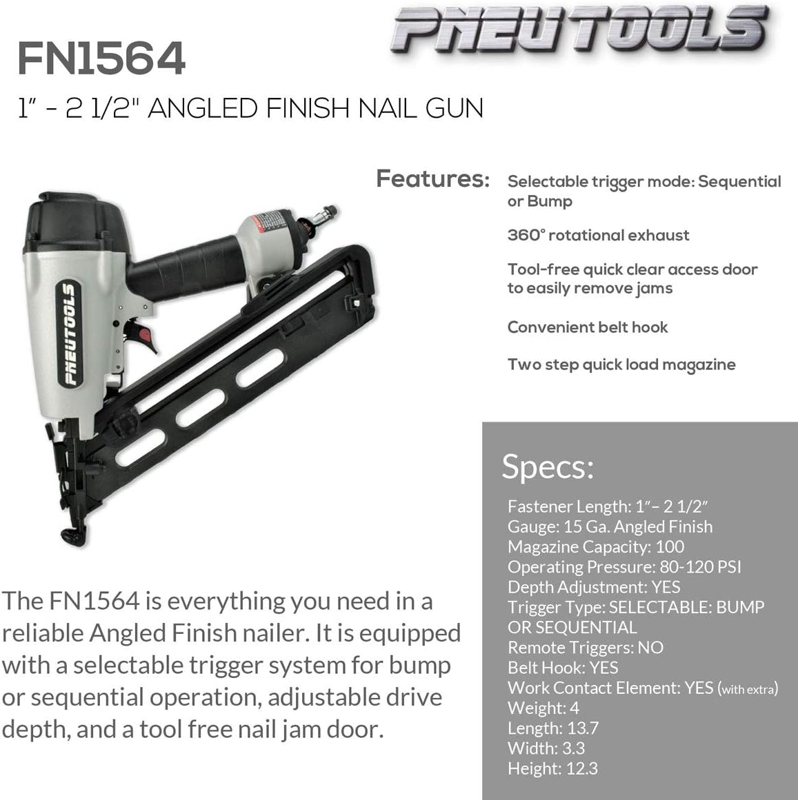 PneuTools FN1564 1 Inch to 2-1/2 Inch 15-Gauge Angled Finish Nailer