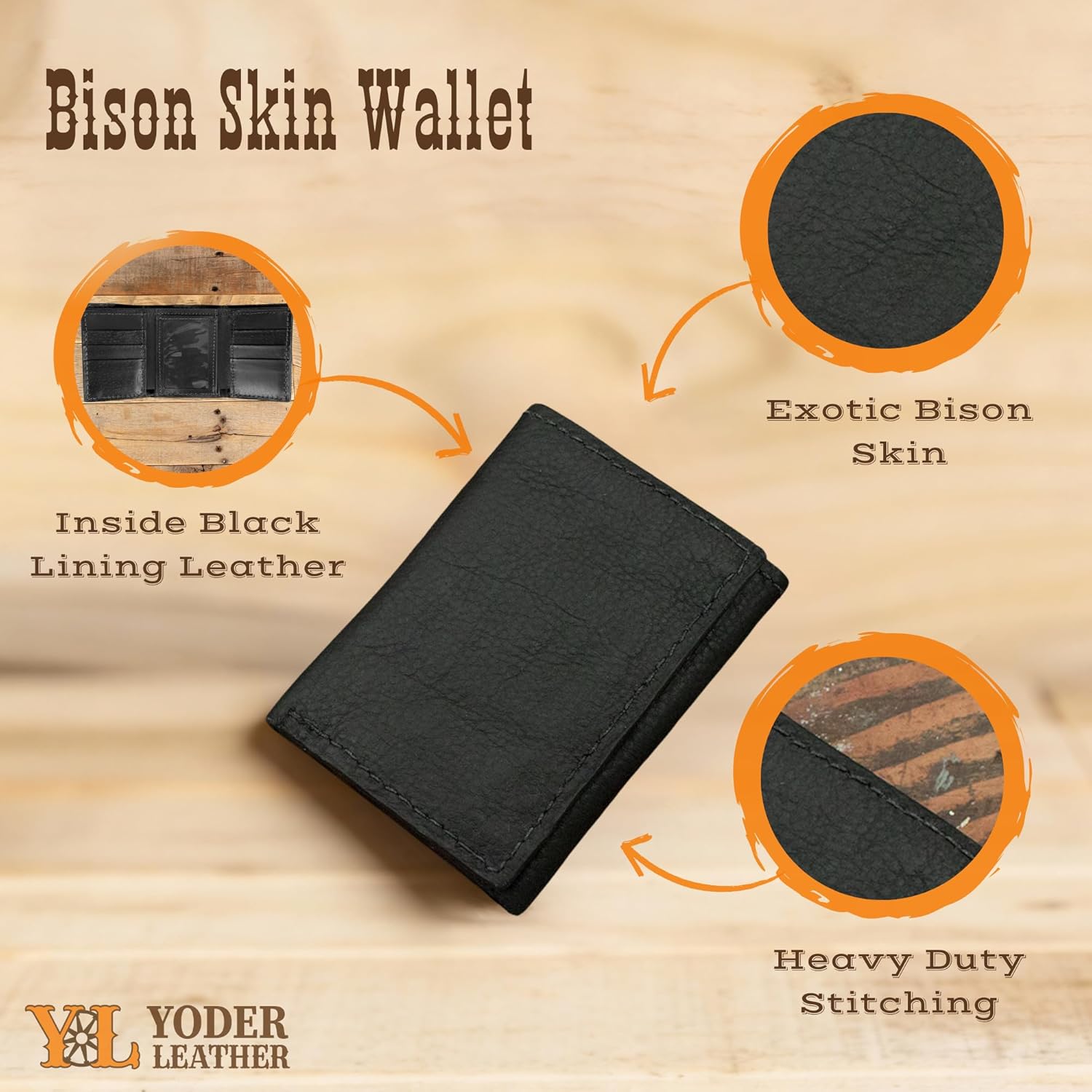Genuine Buffalo Bison Trifold 9 Card Leather Wallet Handmade (Black) - Image 2