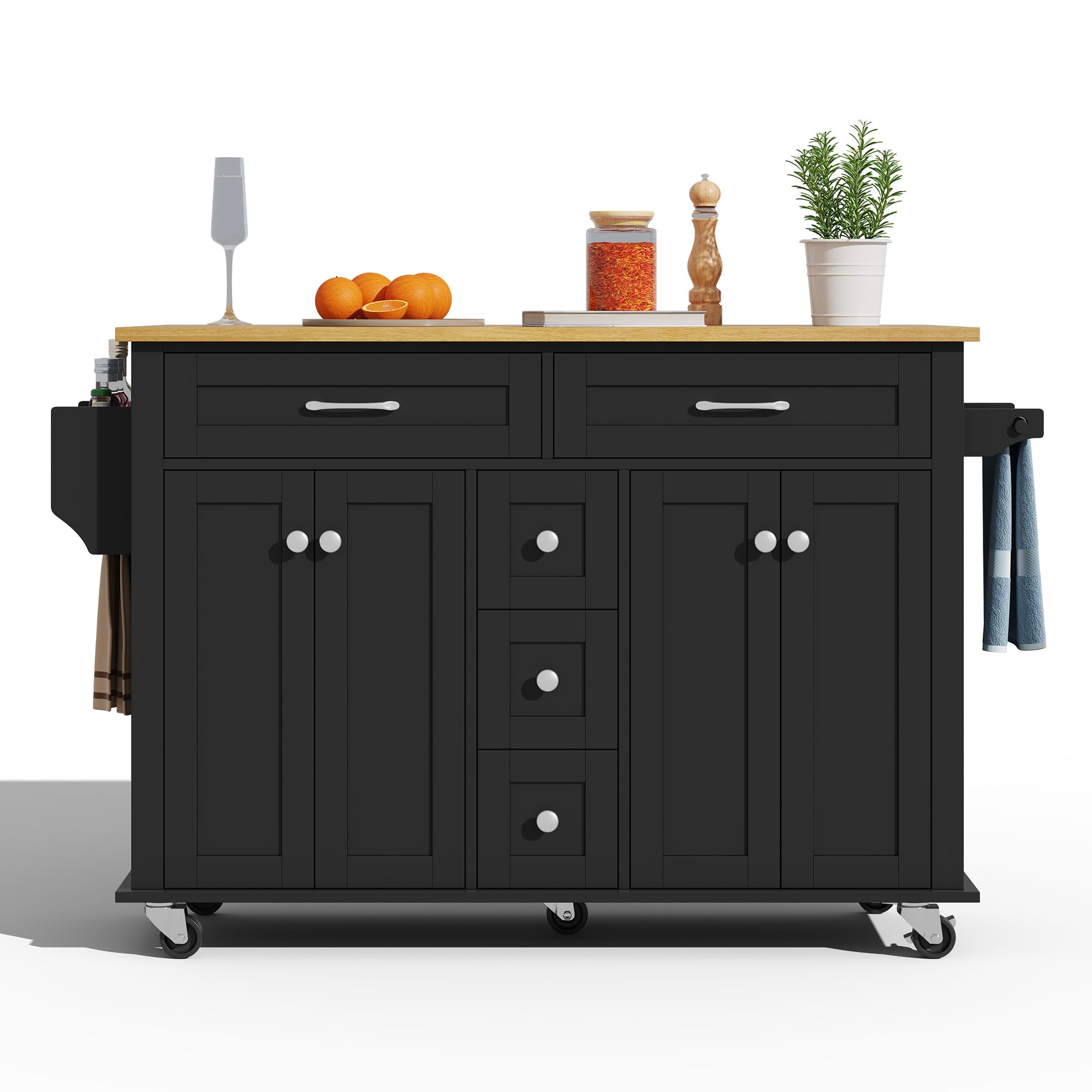 Carrello da cucina multifunzionale, isola da cucina con piano di lavoro pieghevole, espandibile, con 5 cassetti, armadi, portasciugamani, su ruote, carrello di servizio per cucina (nero)