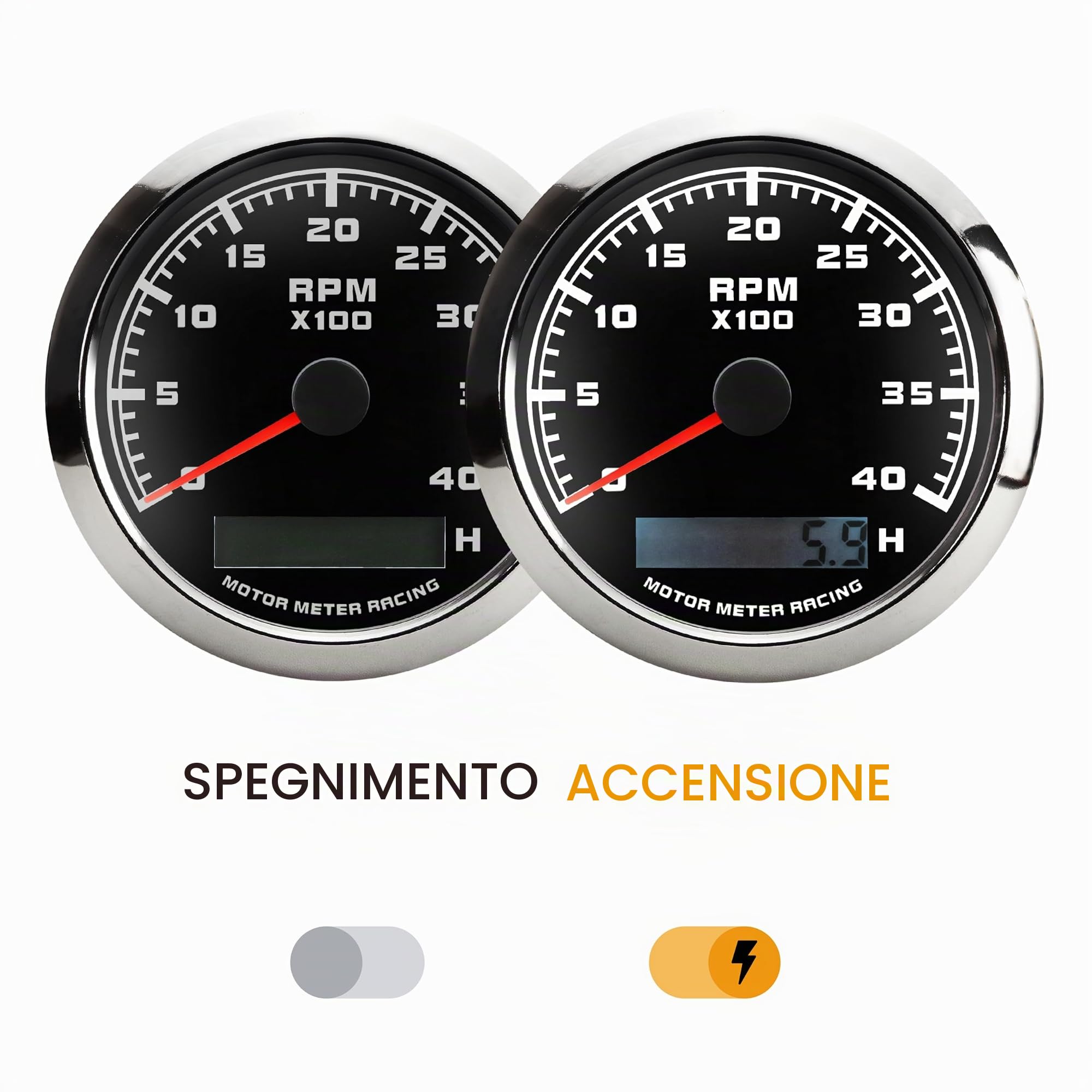 MOTOR METER RACING W Pro Electrical 5 Gauge Set w/strumentazione,3-3/8" 85mm tachimetro,2-1/16" 52mm tensione, livello carburante, temperatura acqua e manometro olio,per barca, yacht,quadrante nero