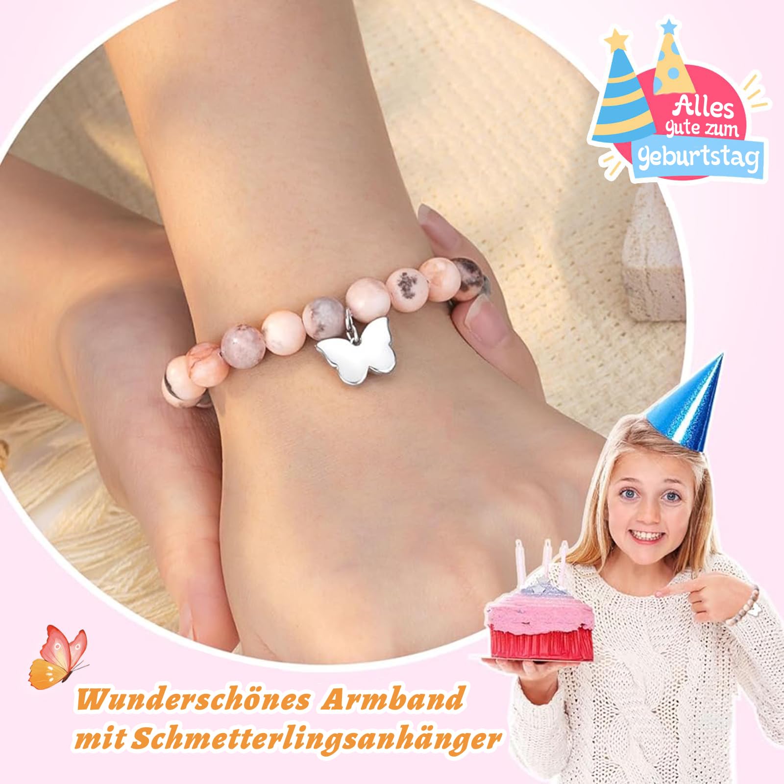 7./8./9./10./11./16. Geburtstagsgeschenke für Mädchen, Schmetterlings-Natursteinarmbänder mit Zitatkarte