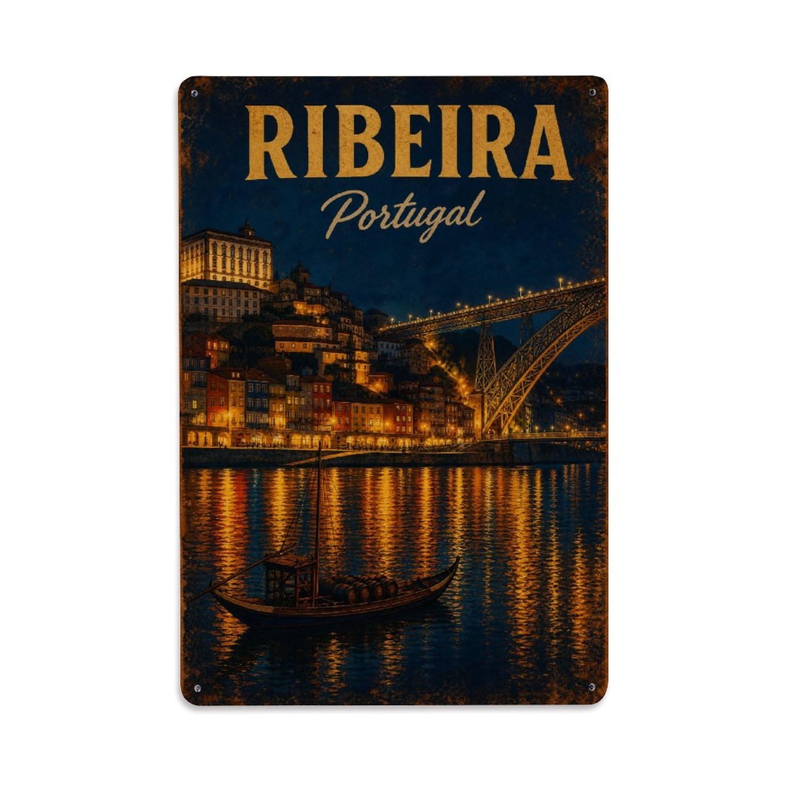 Yrnq 08X12inch Vintage Style Vintage Ribeira Night Illuminated Waterfront Portugal Metal Tin Sign