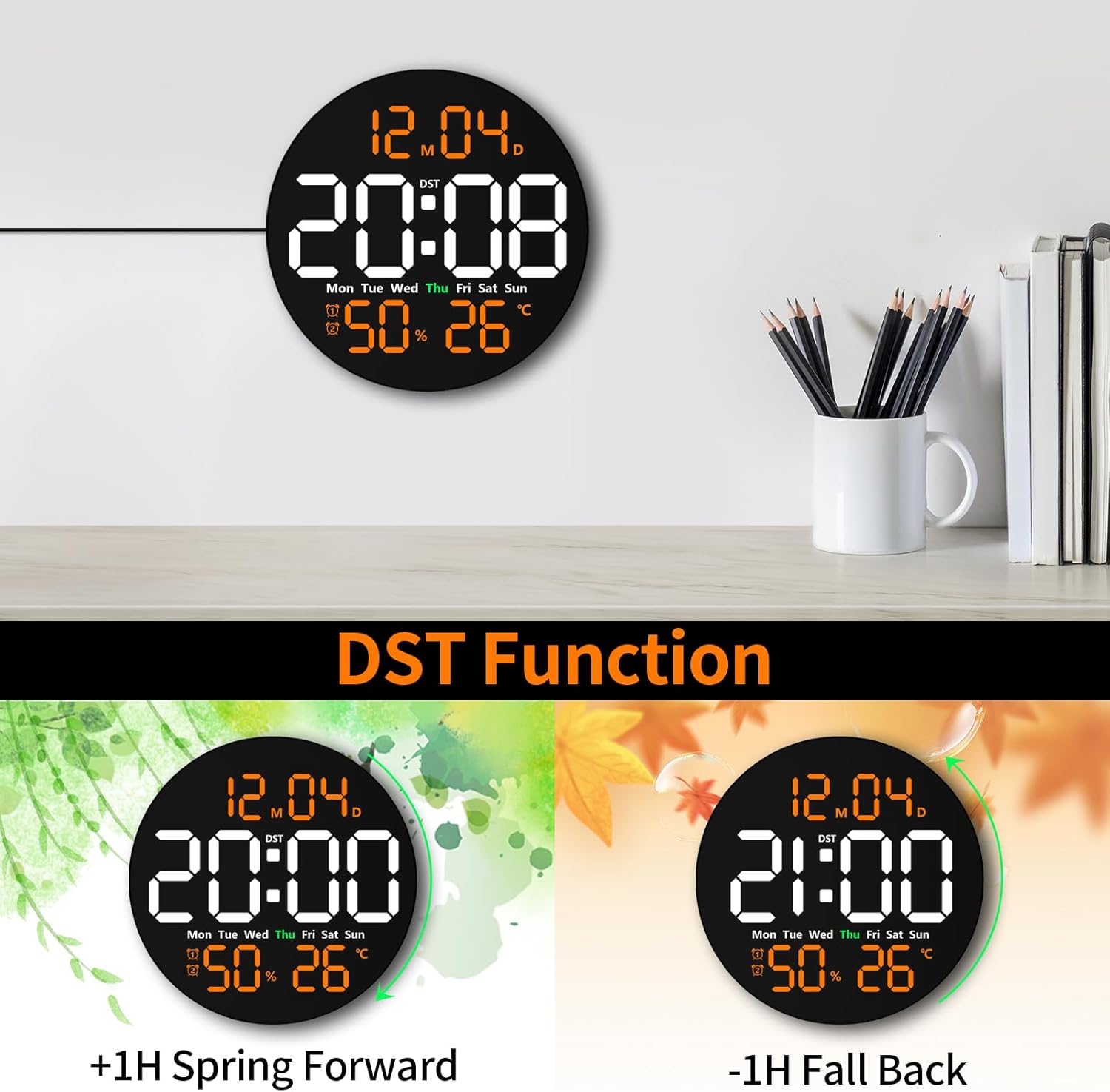 Digital Wall Clock with Remote Control, 10" LED Clock with Large Display, Modern Electric Wall Clock for Classroom, Office, Auto-Dimming with Temperature, Humidity, Timer, DST, LED Wall decor(Orange)