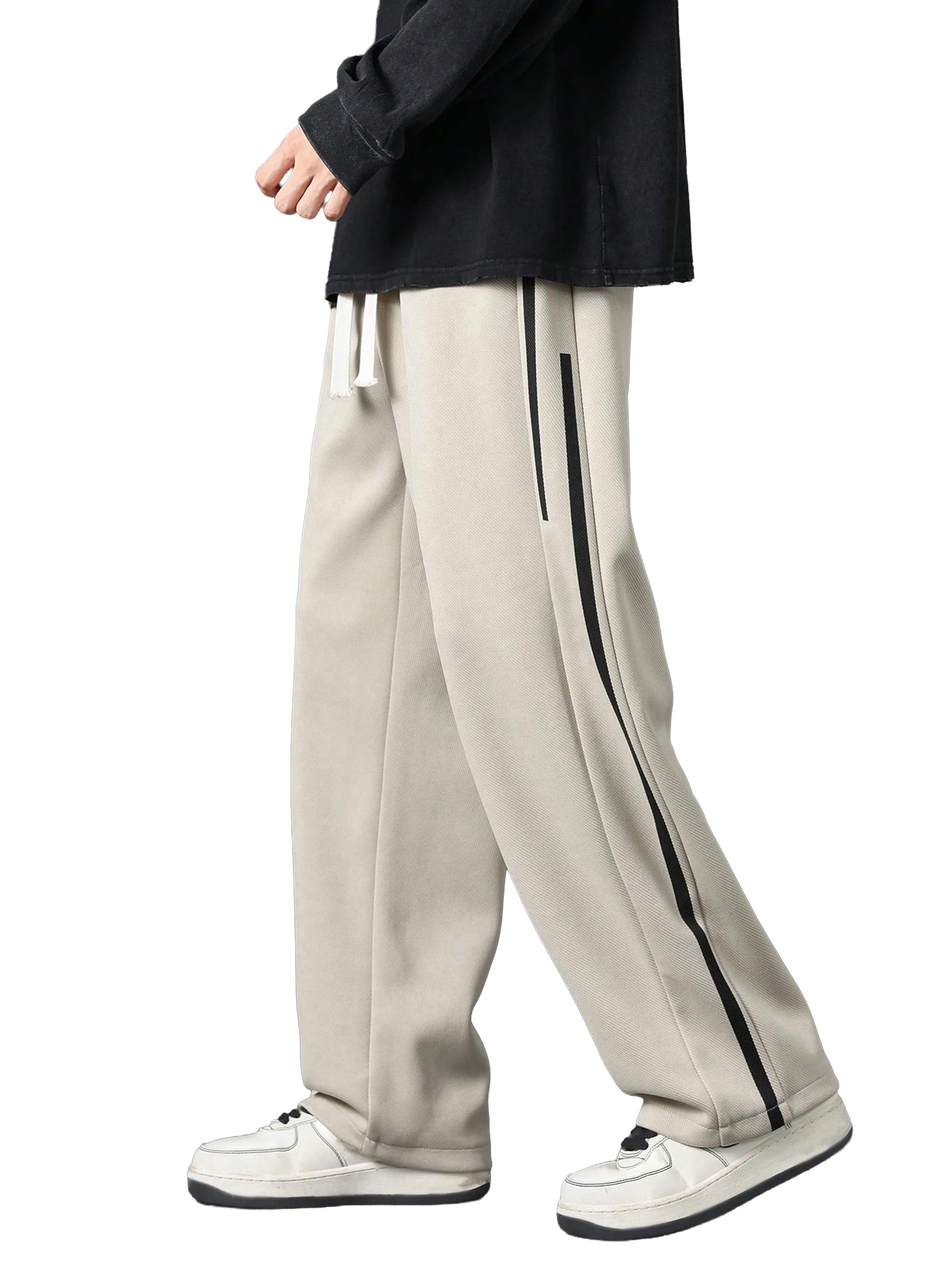 Men's Wide Leg Trouser, Black with White Side Stripe, Drawstring Waist, Casual Style-picture-46