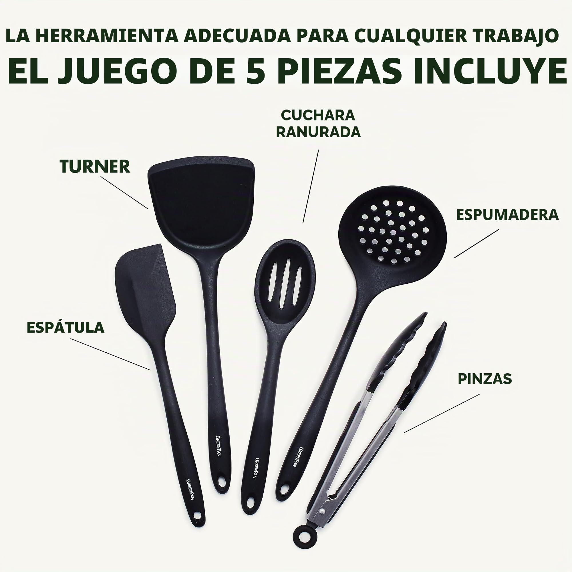 GreenPan Cooking Tools - Juego de utensilios de cocina (5 piezas), color negro