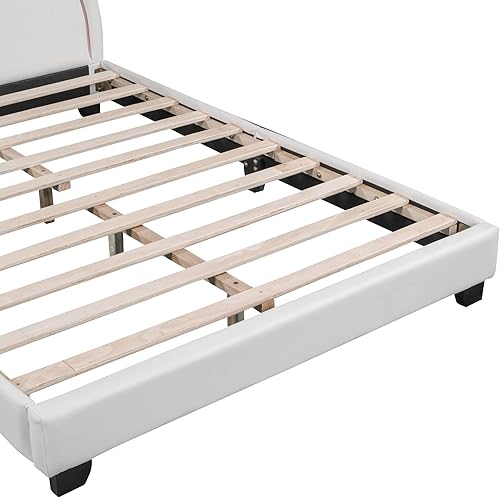 Miniatura 8 de Quarte Bonita cama de princesa tapizada en forma de conejo, cama de plataforma de cuero de tamaño matrimonial con cabecera y estribo para niños y