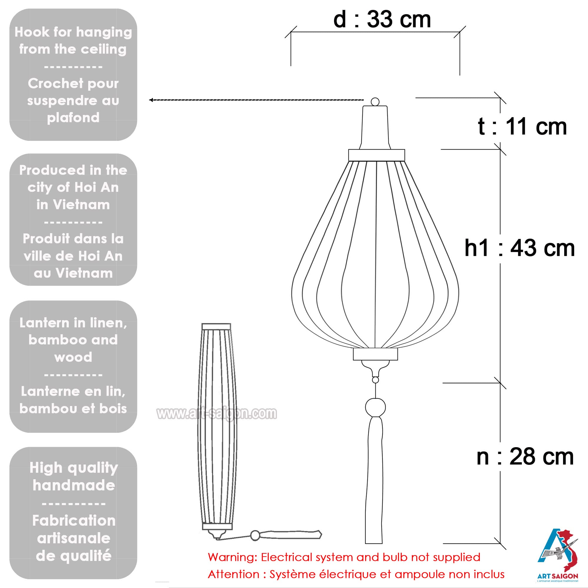 Asiatische Laterne aus Weißem Leinenstoff G - Durchmesser Ø33cm - Handbemalte Laterne mit Bambus und Vogelpaar Motiv - Dekoration und Kunsthandwerk aus Vietnam (G25-TRE)