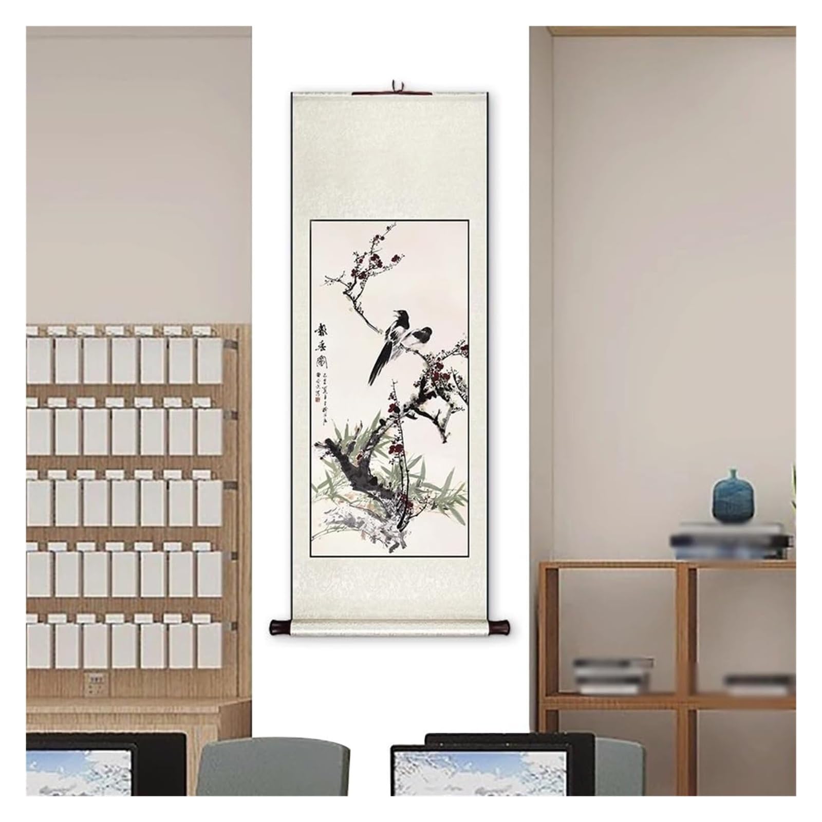 Chińskie malowidło z motywem ptaków kwiatowych, tradycyjna ręcznie robiona sztuka korytarza, wystrój sypialni Feng Shui, kolekcja prezentów świątecznych(Creamy White K,79L x 186W cm)