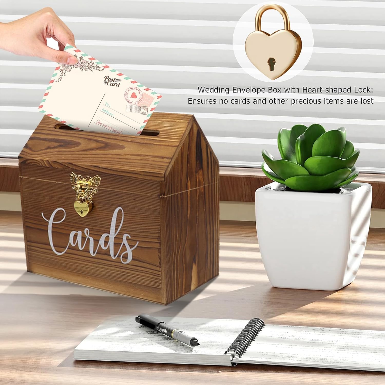 Card Box Wedding Card Box for Reception, Vintage Large Wedding Gift Card Holder Box with Heart Lock, Big Wedding Card Envelope Holder Box with Lid Wood Card Box for Wedding Party