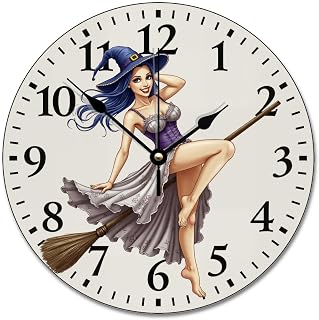 ArogGeld Pinup Girl Wall Clock Halloween Witch Wood Clock 10 Silent Non-Ticking Quartz Battery Operated Clock Living Room Kitchen Bedroom Farmhouse Home Decor Birthday Wedding Gift, Wood-size, 10x10