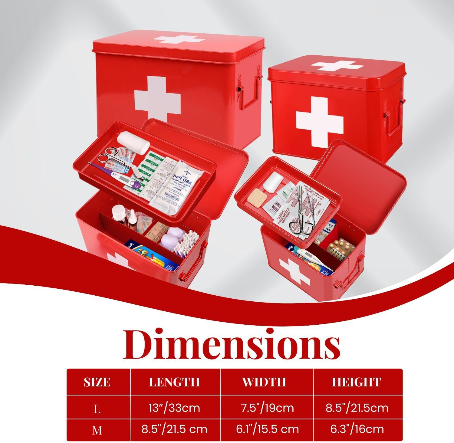 Flexzion Metal First Aid Box Empty, 8.5 Inch Red Vintage First Aid Storage Box, First Aid Tin Container with Dividers, Removable Tray, Side Handles and Cross Logo