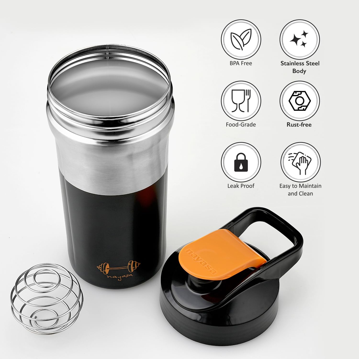 Nayasa Alloy Cross Fit Stainless Steel Gym Shaker Bottle | 900ml | Leakproof & Durable | Pre & Post Workout Shaker Bottle | BPA-Free Sports Shaker for Protein, Smoothies | Gym & Fitness Bottle | Black - Image 6 thumbnail