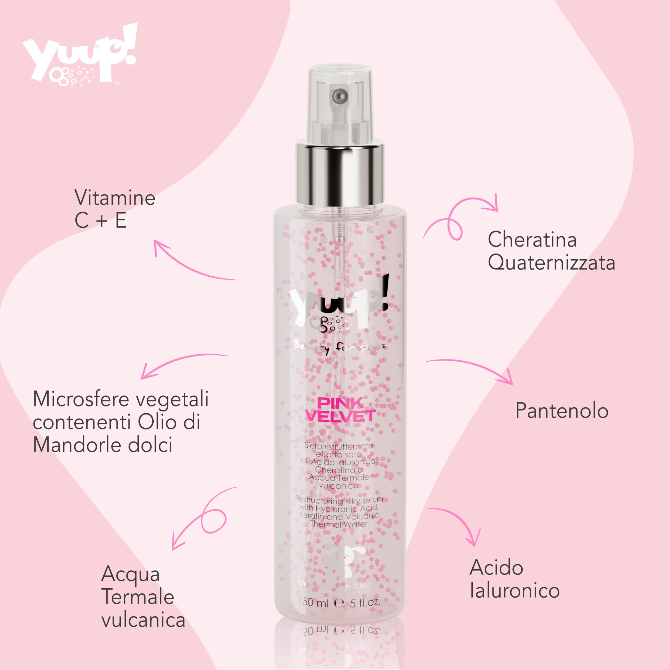 YUUP! - Pink Velvet spray idratante e ristrutturante effetto seta all'acido ialuronico, cheratina e acqua termale vulcanica, 150 ml