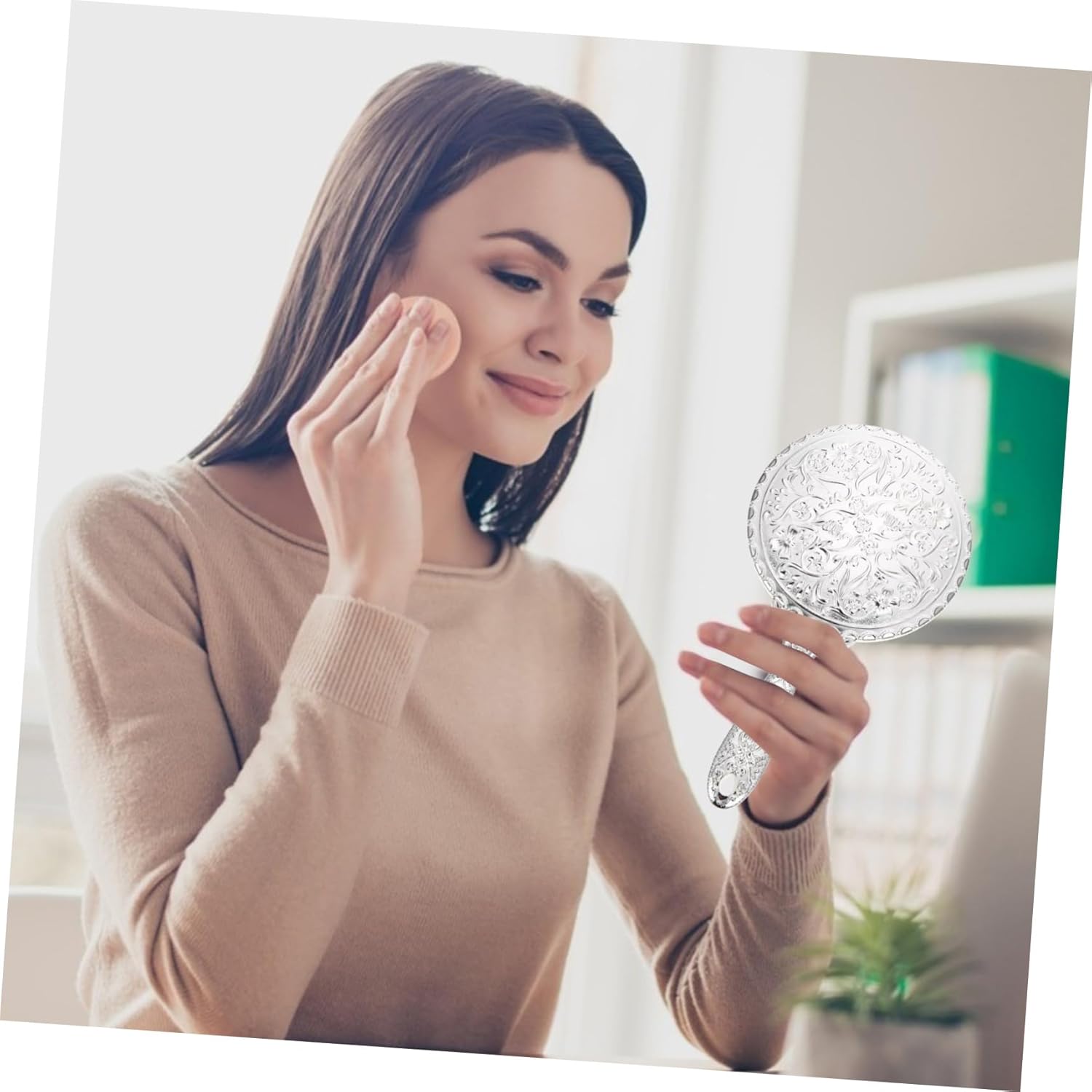 Mirror with Handle Diamond Hand Mirror Round for Women Vintage Handheld Handheld Vintage Cosmetics Pocket Cute Wallet Abs Portable Rose Women's