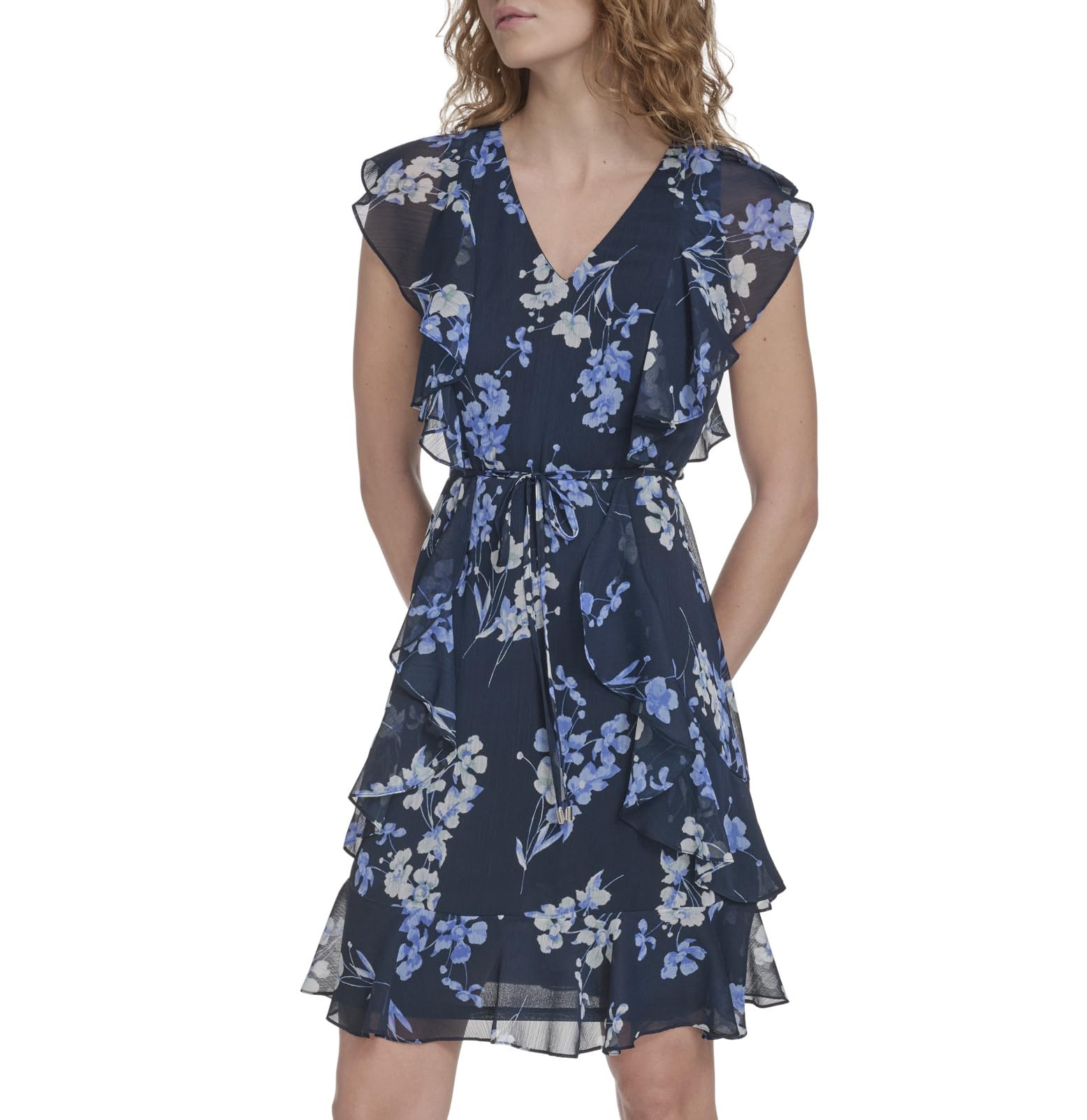 Tommy Hilfiger Women's Sleeveless V-Neck Ruffle Trim Tie Waist Chiffon Mini Dress