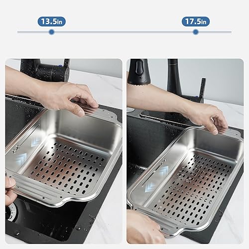 Miniatura 4 de Cesta coladora para colocar sobre el fregadero, colador de drenaje extensible de metal para lavar verduras y frutas platos secos, 6 cuartos de galón