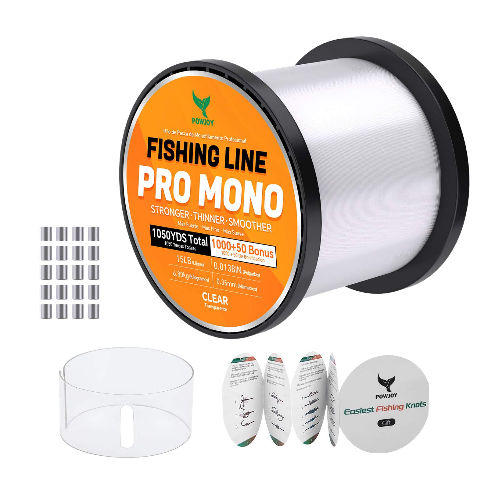 POWJOY Clear Monofilament Fishing Line, 15LB 1050Y Dia 0.35mm