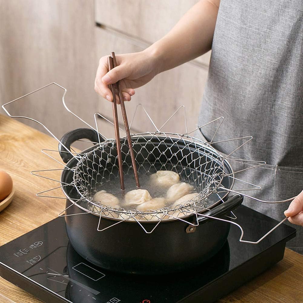 Goick Foldable Frying Net Basket, Stainless Steel Fry Strainer for French Fries, Chicken, Shrimp, Boil, Steam, Drain & Store Flat