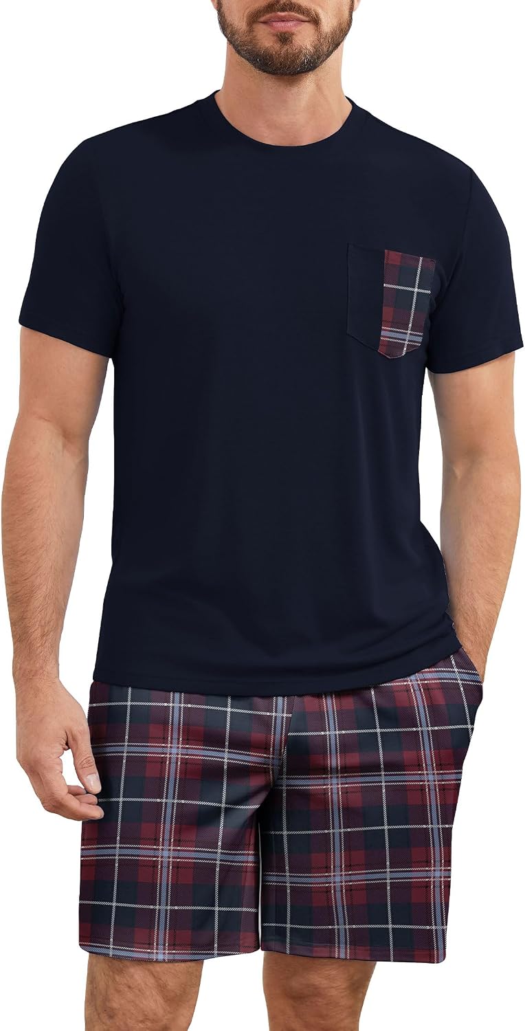 Pajamas Set for Men Plaid Short Sleeve and Pajama Shorts Sets Cotton 2 Piece Pj Set Lounge Set Summer Loungewear
