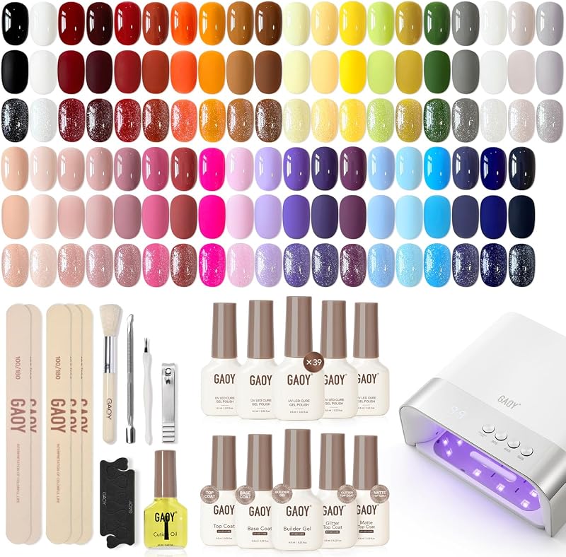 GAOY 45Pcs Gel Nail Polish Set, 39 All Seasons Rainbow Nude Colors, UV Gel | With UV Light, Base Coat, Glossy, Matte & Glitter Top Coats, Builder Gel, Cuticle Oil & Accessories, DIY Manicure at Home