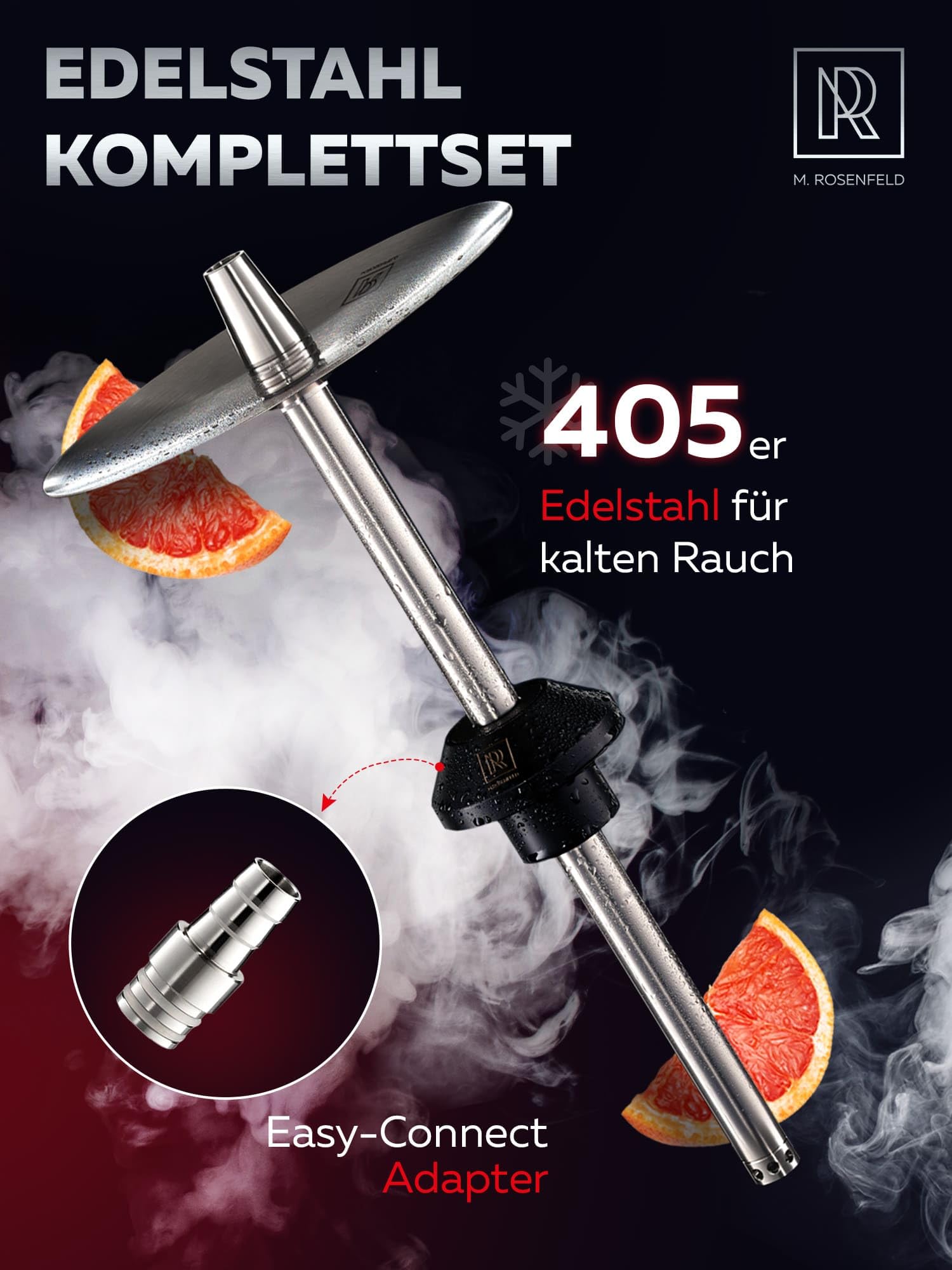 M. ROSENFELD Edelstahl Shisha Set Komplett - SSS Reise Shisha Köpfe und Shisha Zubehör incl. 150cm Shisha Schlauch mit Mundstück + Shisha Kaminkopf