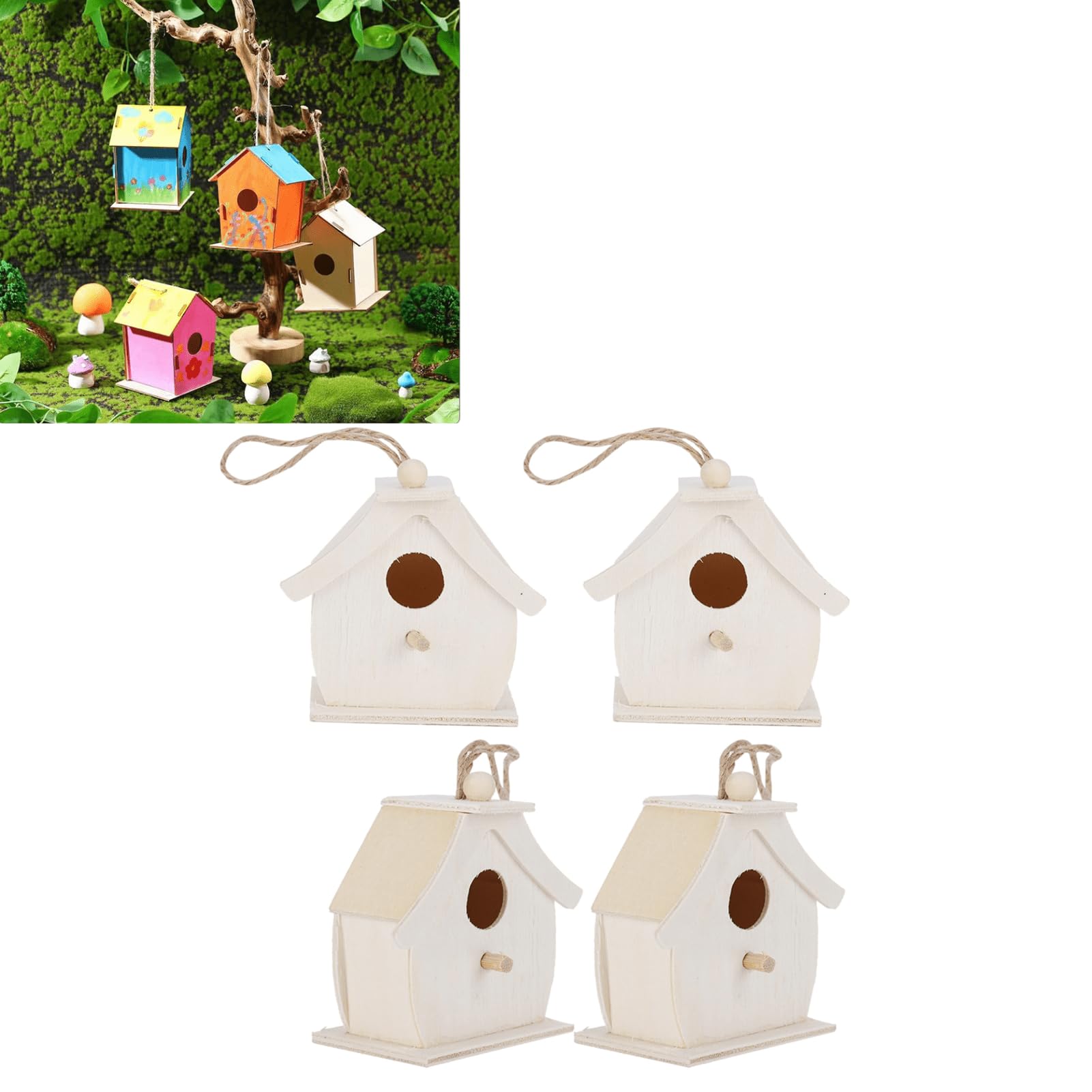 Set 4 Mini Casette Uccelli Legno Platano 7x4x7cm Da Appendere Giardino | Ornamento Rustico Resistente Agli Agenti Atmosferici Piccoli Uccelli Birdwatching