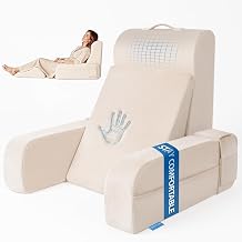 Kayfia Reading Pillow, Gel Memory Foam Back Rest Pillow, 19", Ivory | 3 Storage Pockets, Dual-Use Back Leg Support Pillow, Detachable Armrests, Ideal for Reading, Gaming, Working on Bed & Couch