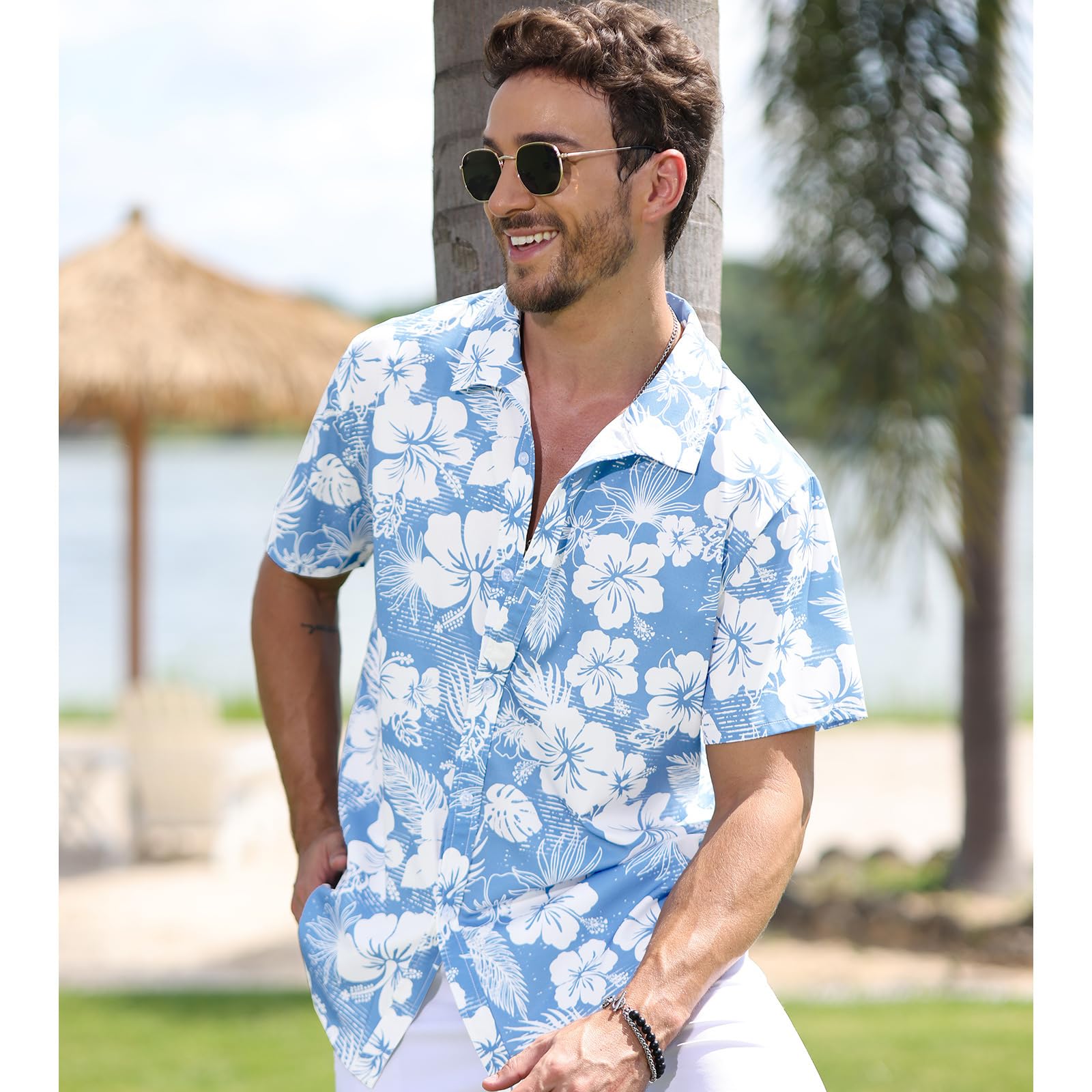 Chemise Hawaienne Homme a Fleur Manches Courtes Ete Festival Chemisette Col V Leger Boutons Tenue M-3XL