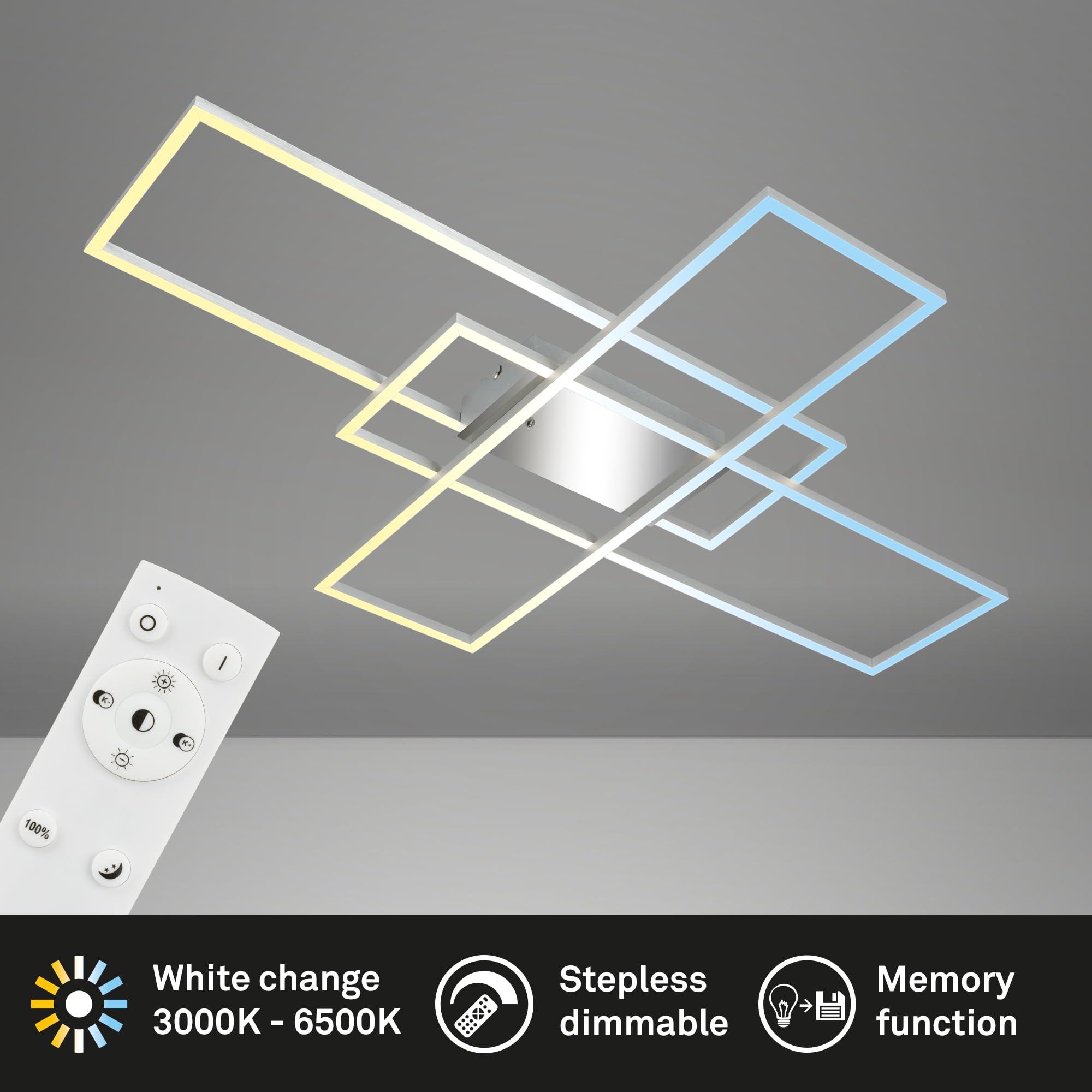 BRILONER - Plafonnier LED avec télécommande, intensité variable, réglable de blanc chaud à blanc froid, lampe LED, plafonnier, salon, chambre, cuisine, 104x71x9,5 cm, chrome-aluminium