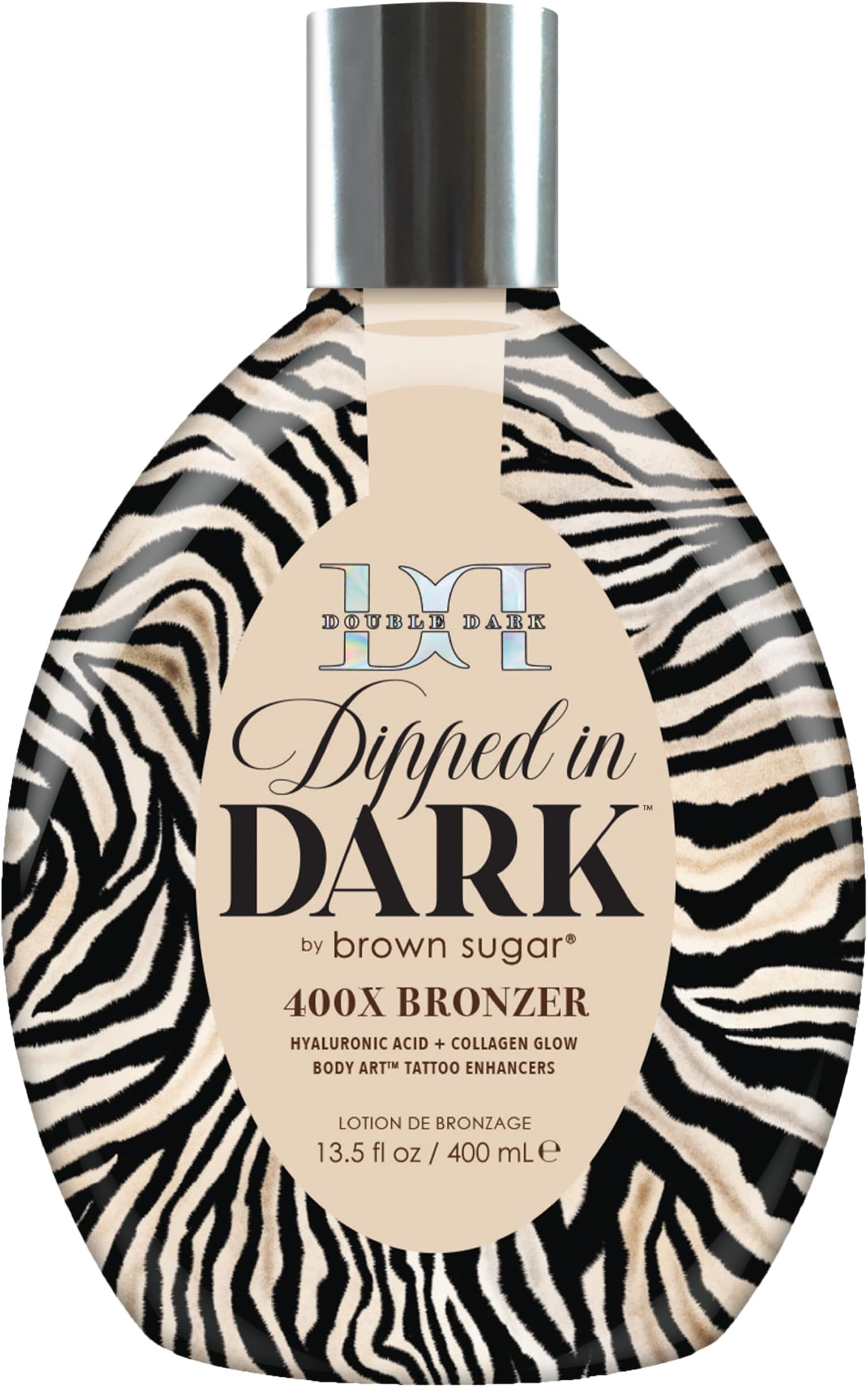 Brown Sugar Dipped in Dark Tanning Lotion, Double Dark 400X Bronzer with Hyaluronic Acid, Collagen & Tattoo Enhancers, 13.5 Fl Oz