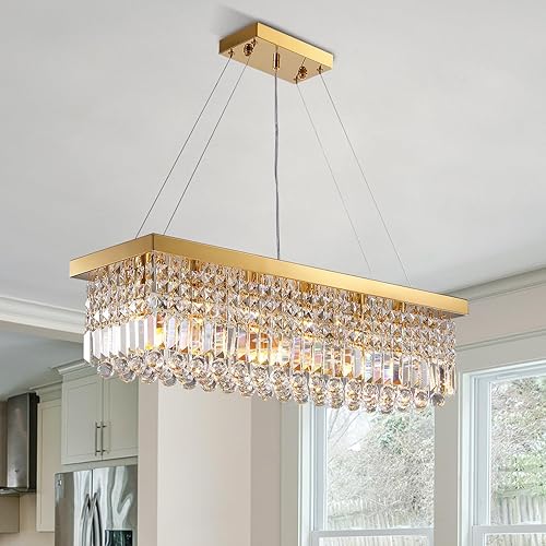 Siljoy Rectangular Crystal Chandelier 6-Light Modern Gold Crystal Pendant Ceiling Light 3-Way Dimmable K9 Crystal Chandelier Light Fixture for Dining Room Kitchen Island L31.5'' x W10''