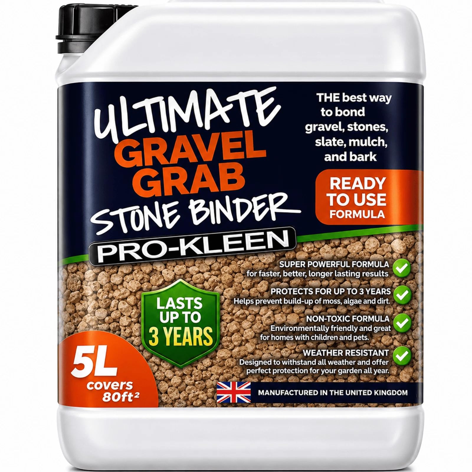 Pro-Kleen Ultimate Gravel Grab 5L (Covers 80 ft2) - Stone Glue Binder Fixing Spray - For Gravel, Slate, Mulch, Bark & More - Protects for up to 3 Years - Non Toxic, Weather Resistant & Porous Formula