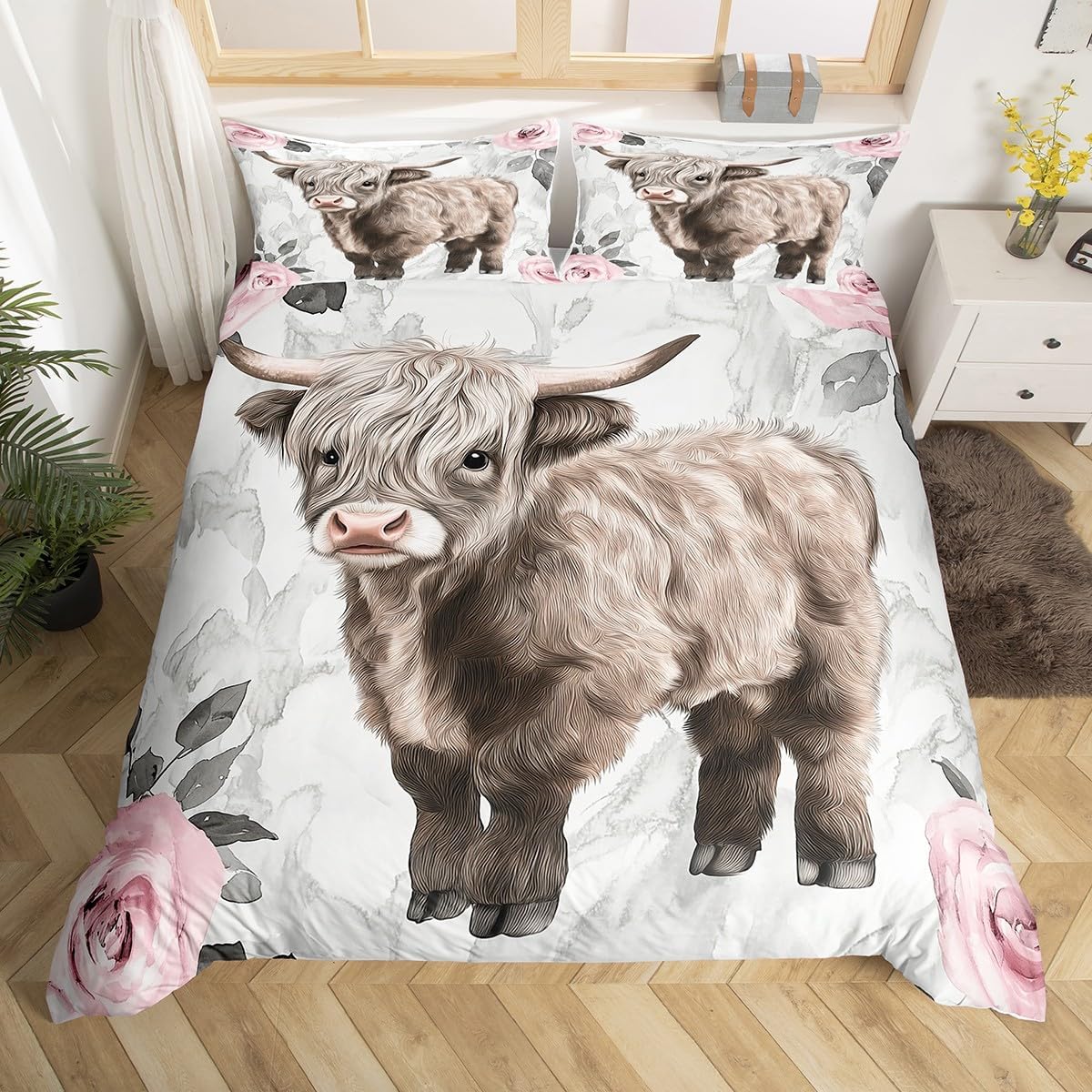 Highland Cow Floral Comforter Cover Bull Cattle Bedding Set King Size Western Funny Animal Duvet Cover Set Brown Wildlife Farmhouse Cow Quilt Cover Rose Cherry Blossoms Grey Marble Quilt Cover
