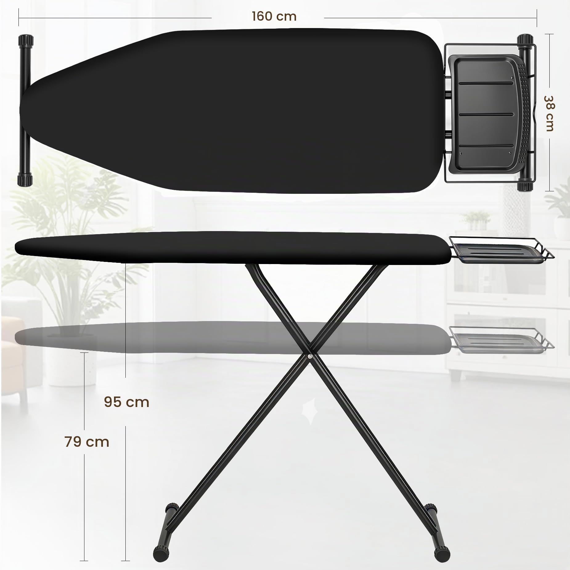 Bügelbrett 159 x 46 cm Volle Größe mit Bügeleisenablage, für Dampfbügeleisen geeignet, Stabile Gestell, Bequeme Lagerung, Ironing Board Schwarzes