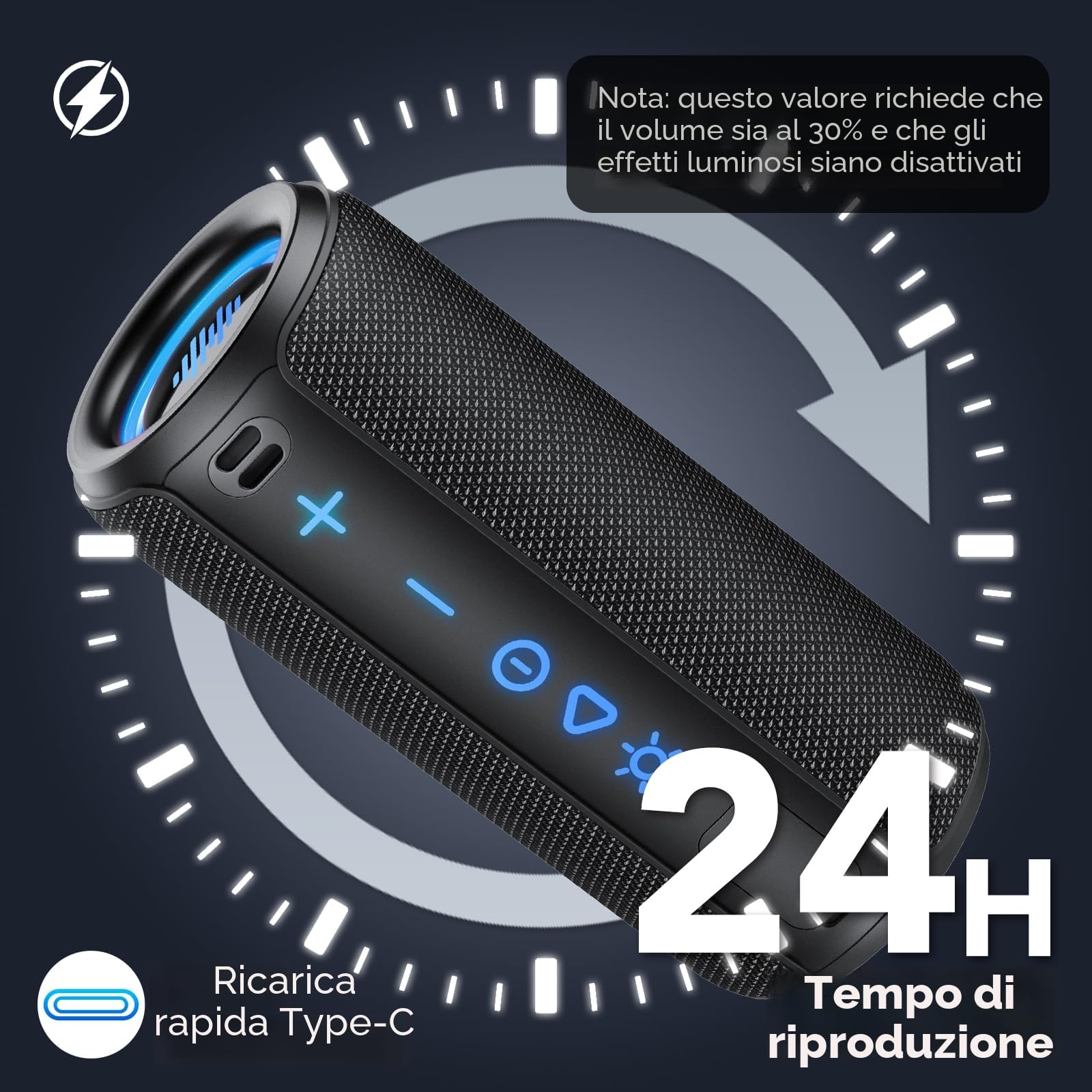 Cassa Bluetooth Portatile Potente, 25W Altoparlante Bluetooth 5.4 con 2 Modalità EQ, IPX7, TWS, 24H di Autonomia Speaker Bluetooth, 8 Modalità RGB, Cinghia da Trekking, Compatibile con PC, AUX, TF