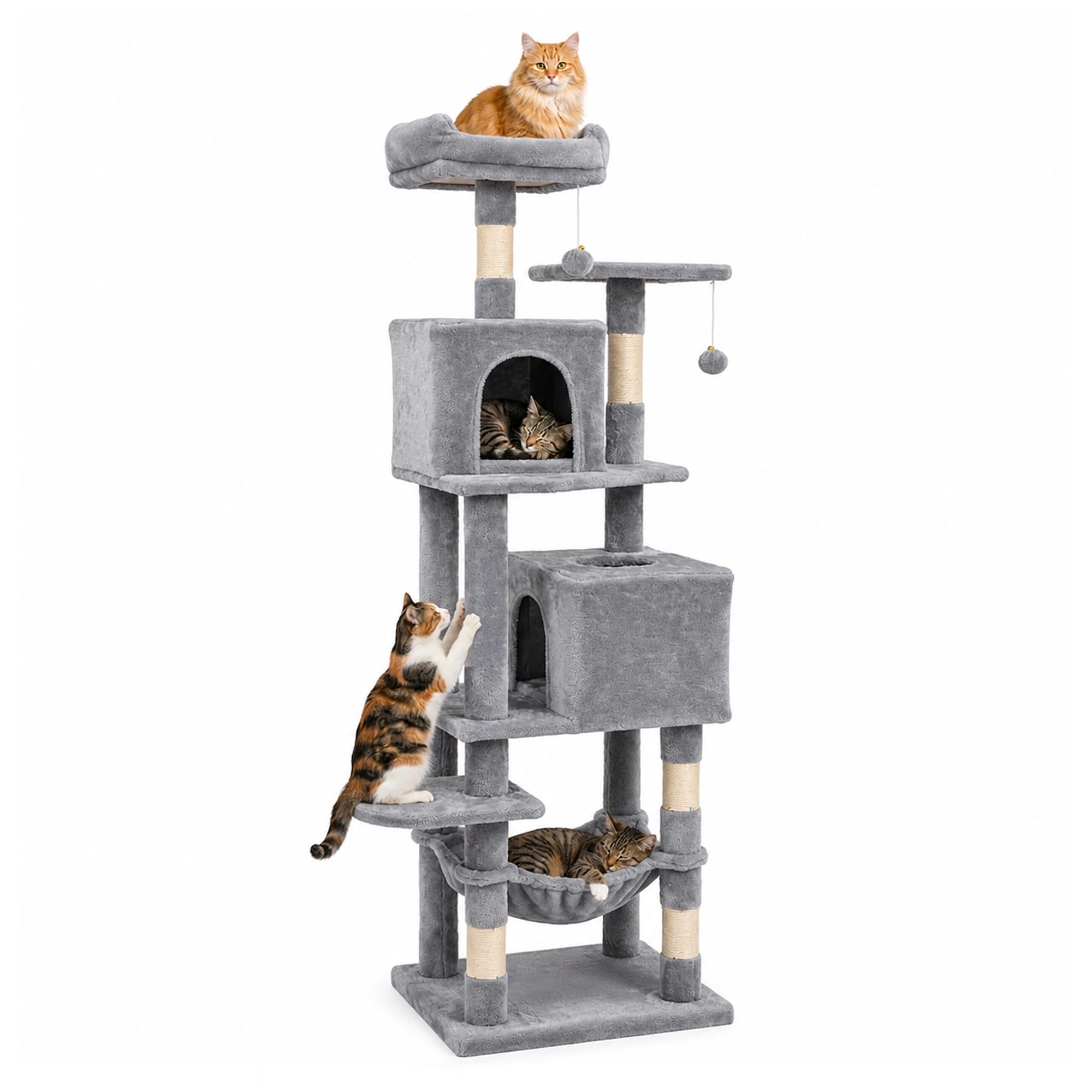 158cm Tall Grey Cat Tree Tower with Dual Condos and Hammock, Multi-Level Indoor Cat Climbing Furniture with Sisal Scratch Posts, Soft Perch Platforms and Stable Base