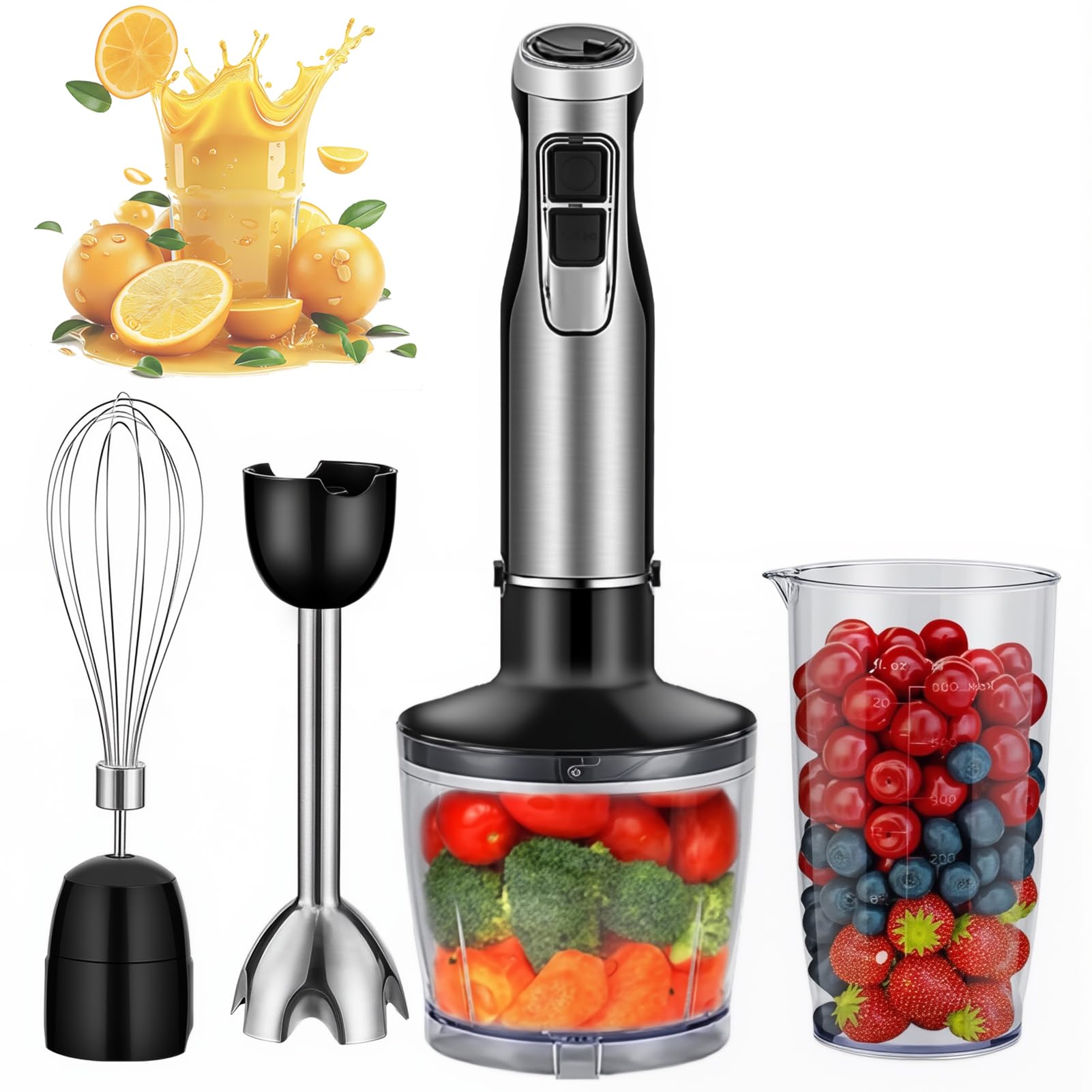 Wielofunkcyjny Elektryczny Blender Ręczny 4 w 1 z 6 Prędkościami | Kuchenny Blender Zanurzeniowy Wytrzymały Blender Ręczny z Rozdrabniaczem i Pojemnikiem do Siekania do Użytku(A)