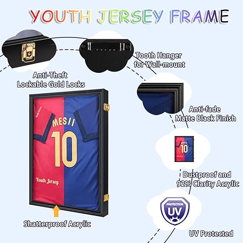 Miniatura 25 de Estuche de exhibición con marco de jersey, caja de sombra grande con cerradura, marco de jersey deportivo con 98% de protección UV acrílico y 2