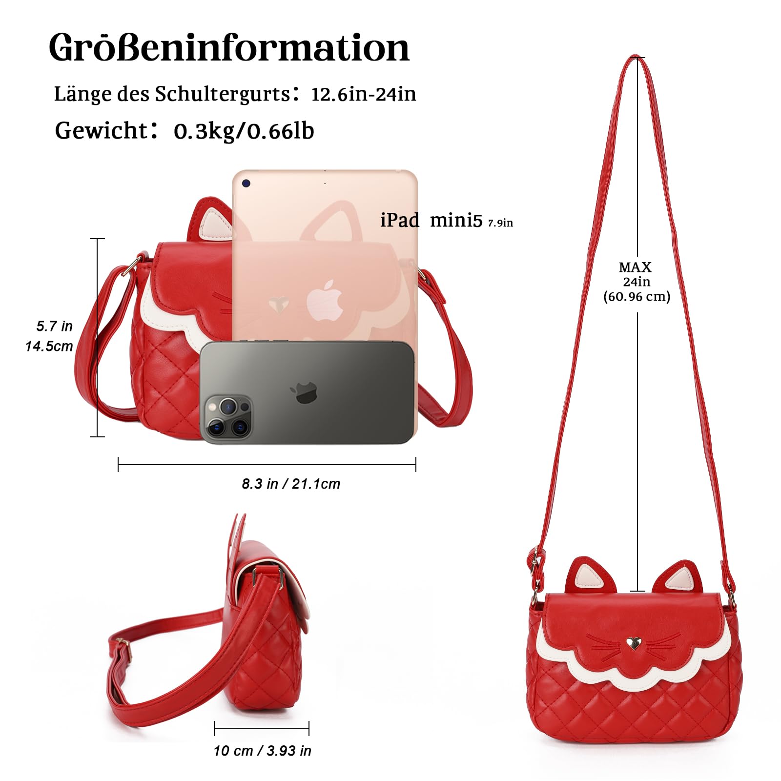 Gladdon Borsa a Tracolla per Ragazze Mini Borsa a Tracolla Borsa per orecchie di gatto Cute Princess Bag Borsa in pelle pura come regalo per ragazze, ragazzi e adolescenti Design originale(Rosso)