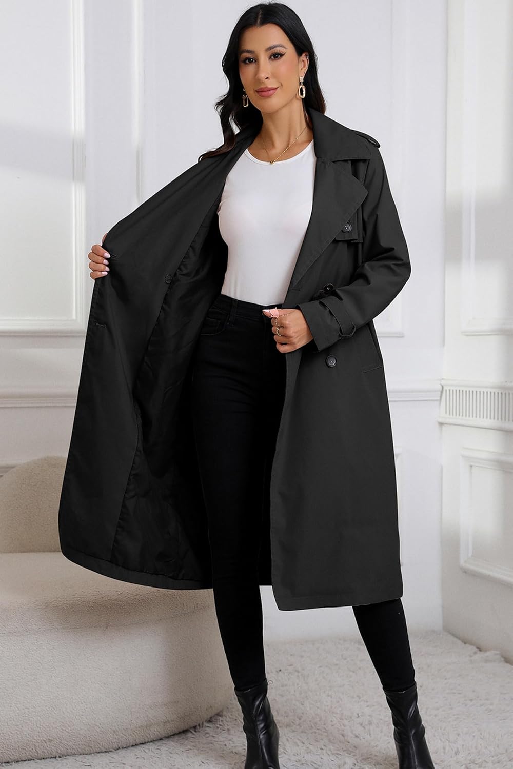 RISISSIDA Women Double-Breasted Trench Coat,Water Resistant,Casual and Business Overcoat,Knee-Length,Loose Fit,Removable Belt - Image 7