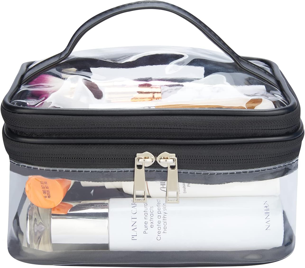 Double Layer Clear Cosmetic Bag Makeup Bag, Waterproof Travel Toiletry Bag, Transparent PVC Hair & Nail Accessories Pouch Beach Bag Organizer (Black)