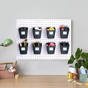 Namalu 12 Pack Peg Board Storage Bins with Labels and Hooks Square Box Shape Pegboard Cup Holder Accessories Pegboard Organizer for Craft Room Wall holder Workbench(4.7 x 4 x 5 Inch, Black)